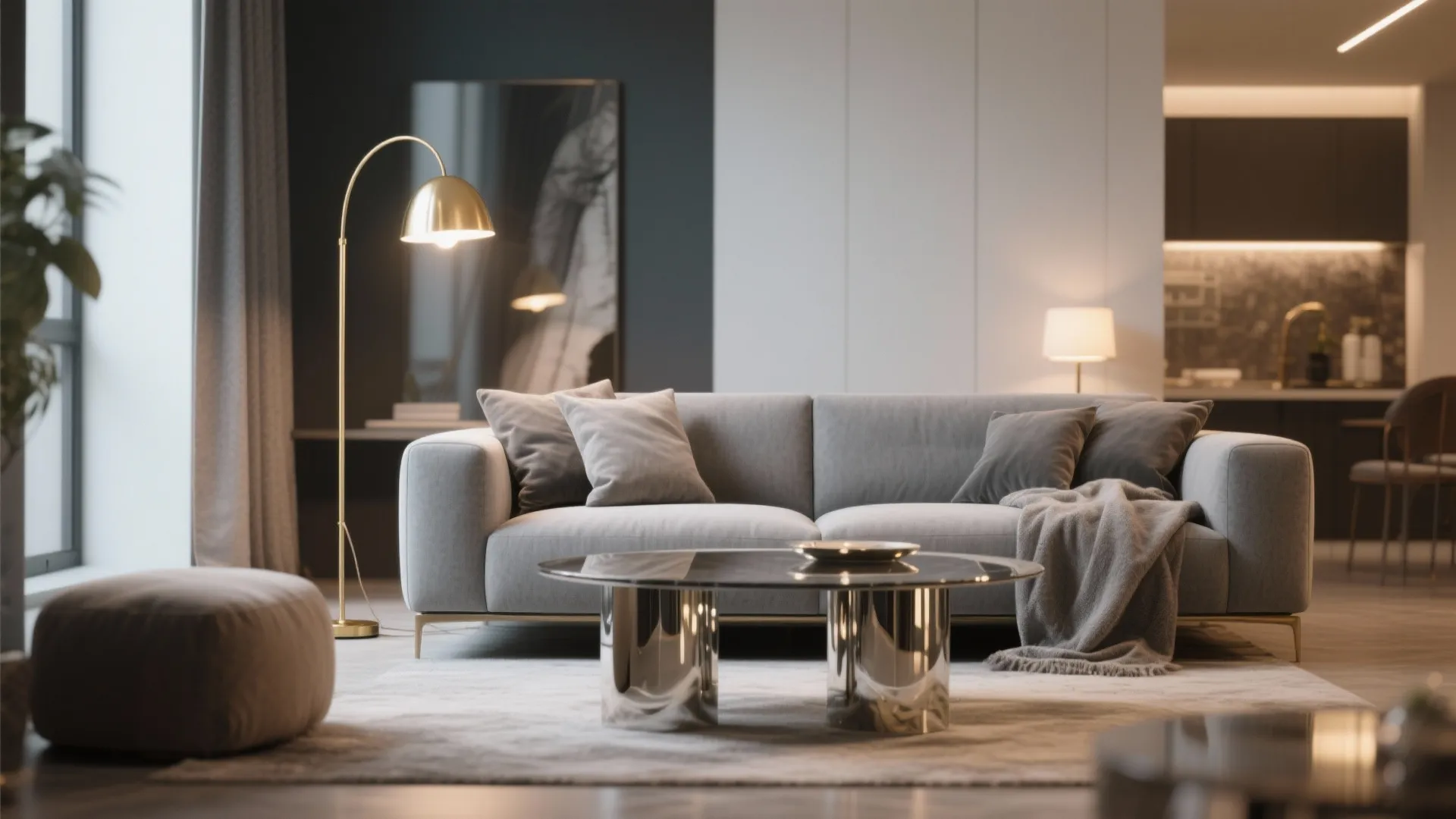 Modern grey sofa with metallic coffee table gold floor lamp and open kitchen in the background