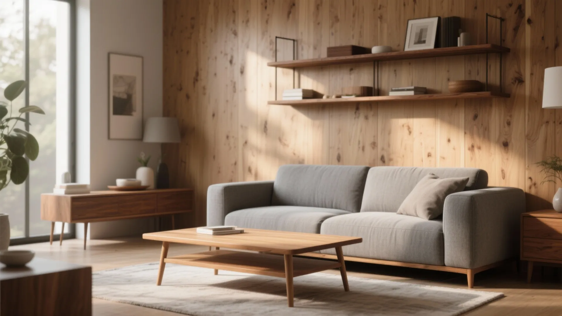 Modern living room featuring a grey sofa wooden coffee table wood wall panel and natural sunlight