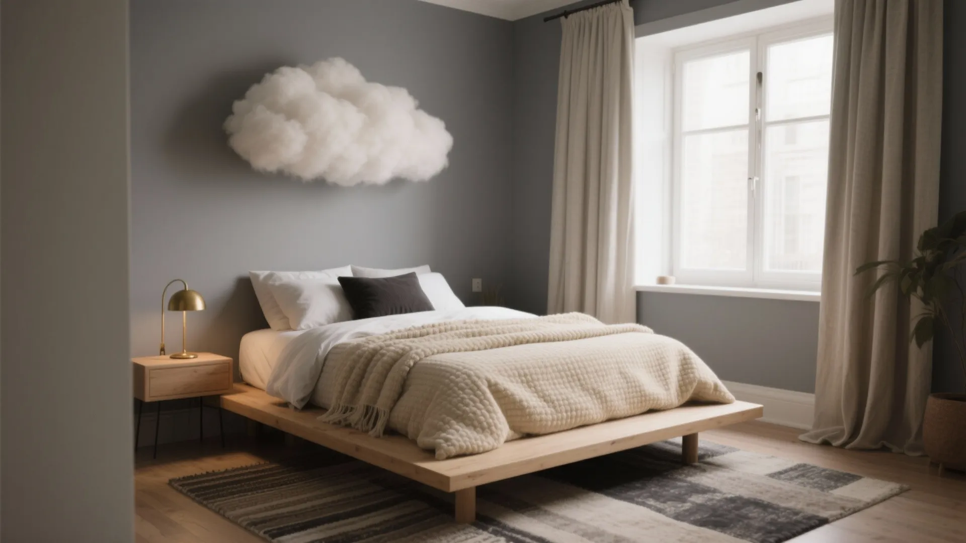 Modern grey bedroom with wooden bed frame, cloud wall decoration, gold lamp, window, and curtains