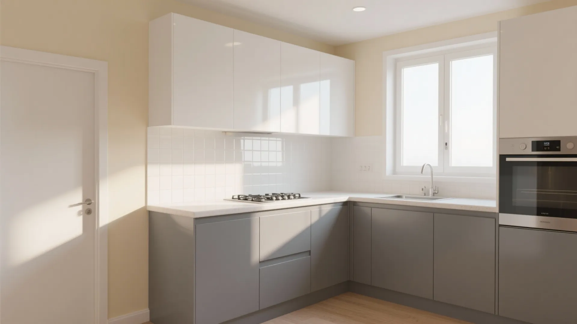 Compact kitchen with grey cabinets, warm cream walls and reflective backsplash creating an airy bright feel