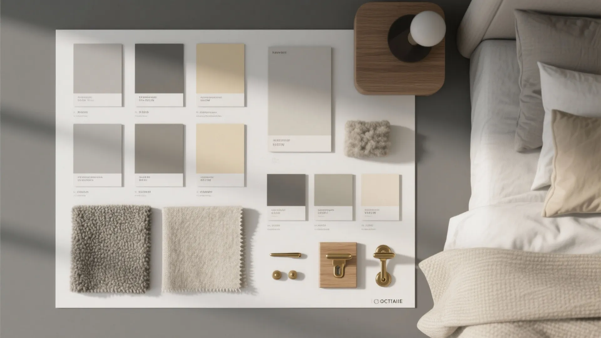 Interior design mood board with grey and cream color swatches fabric samples and gold hardware