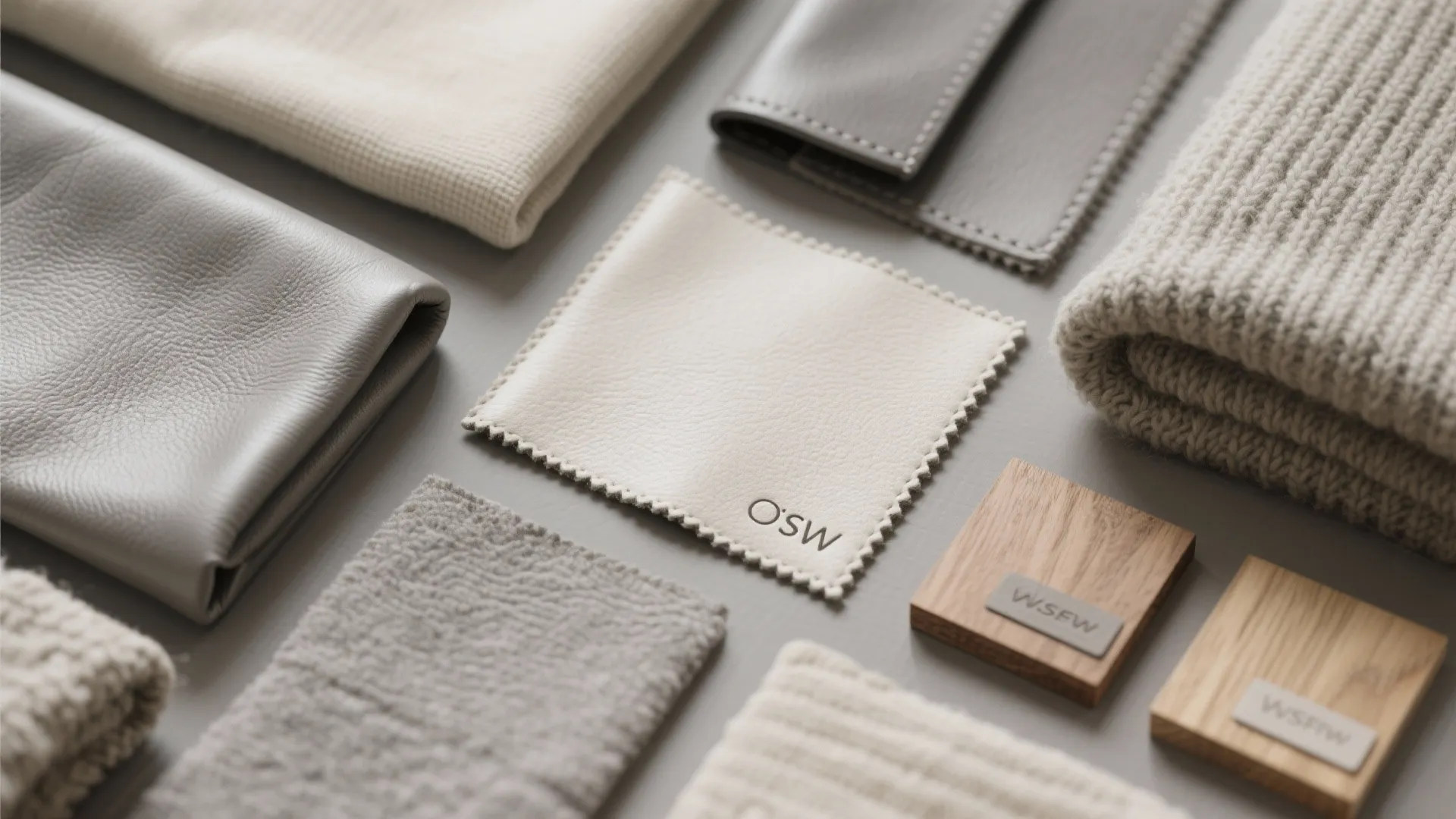 Flat lay of grey and cream materials in various textures