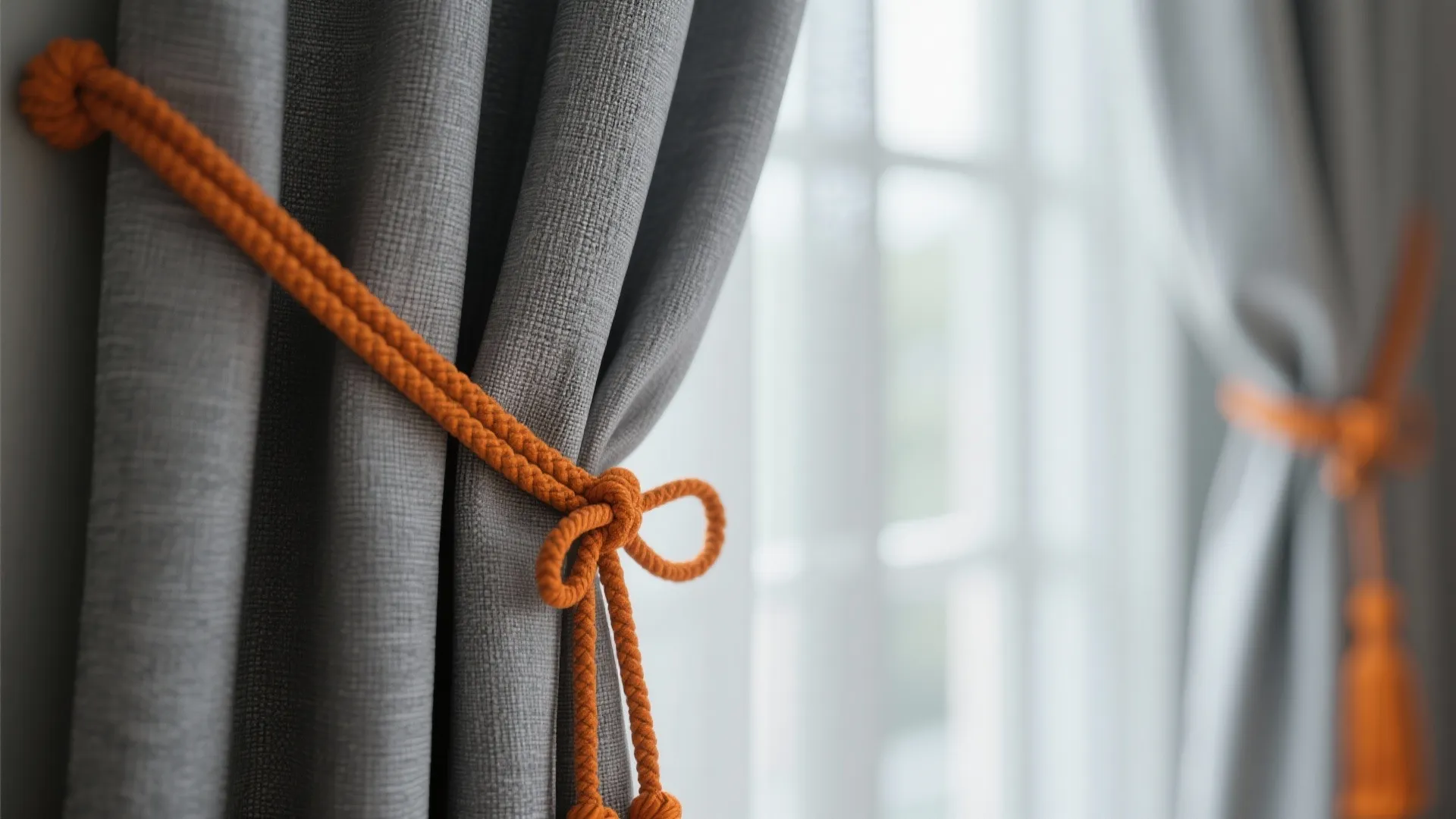 9. Grey Curtains with Orange Tiebacks
