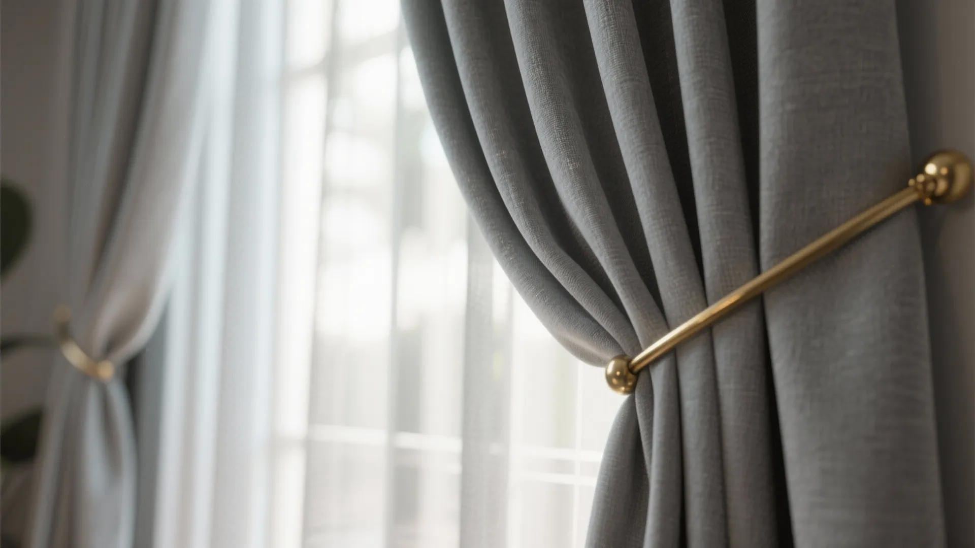 Flowing grey curtains with matte gold tiebacks