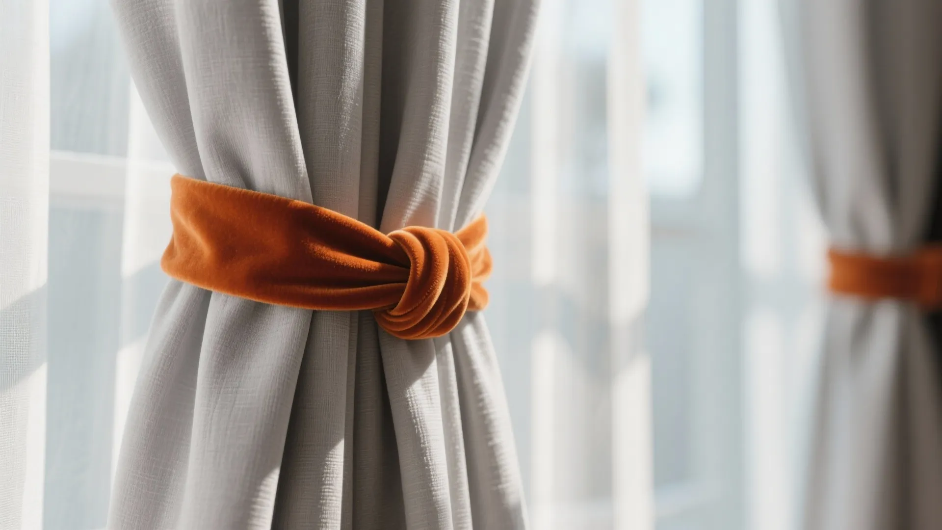 8. Light Grey Curtains with Orange Tiebacks