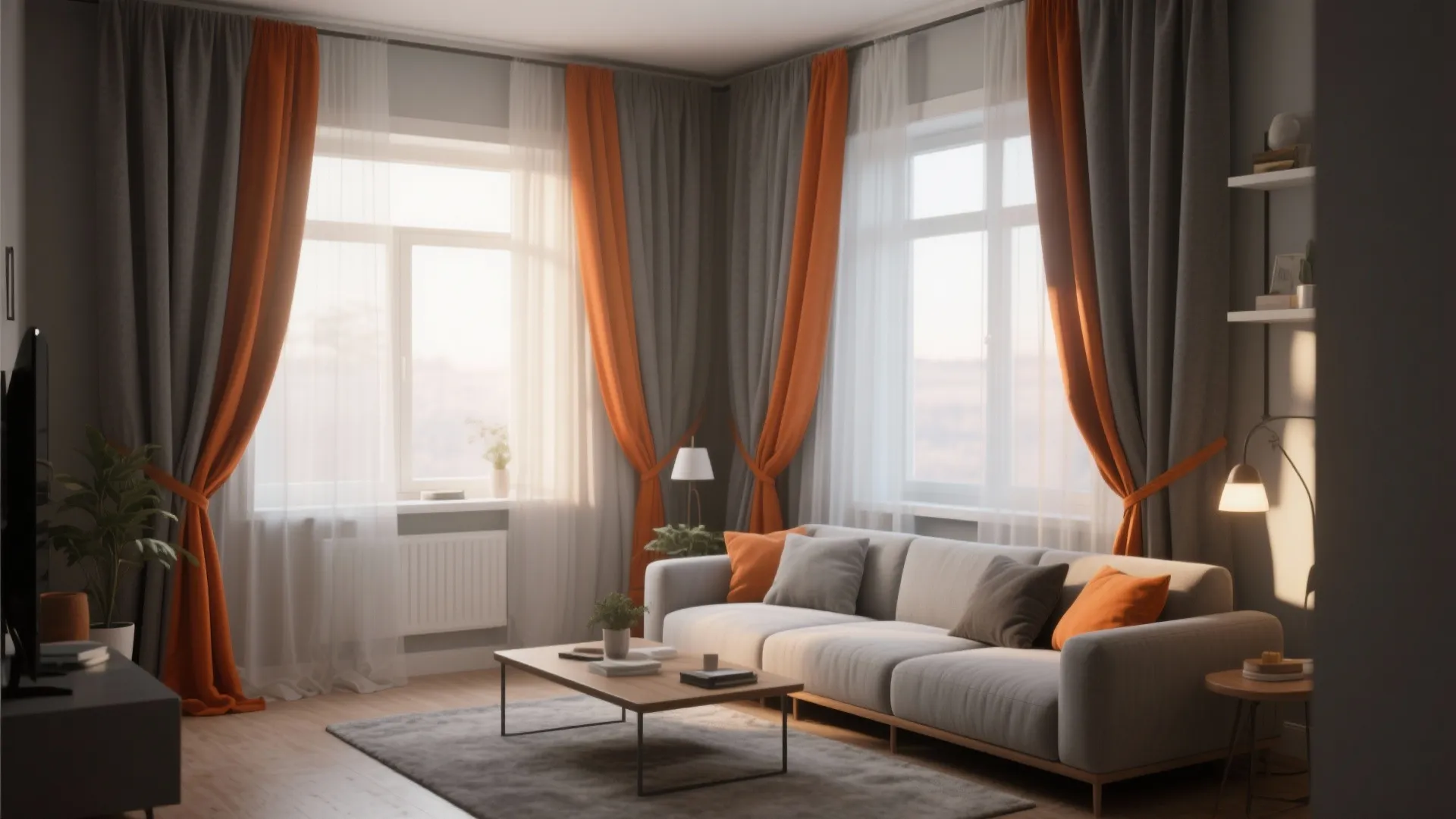Layered Grey Curtains with Orange Tiebacks