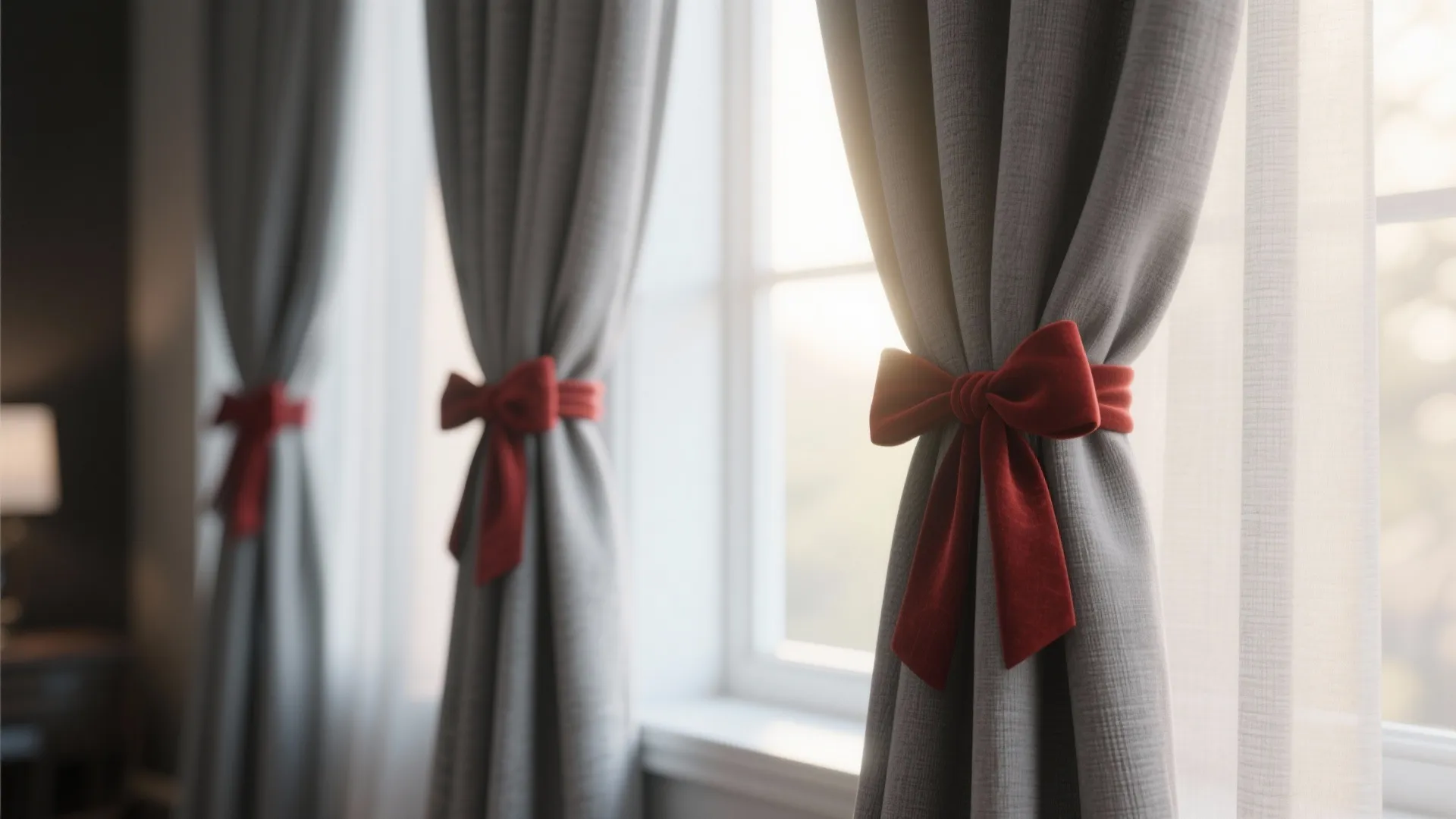 Close up of grey window curtain tied with a red ribbon bow in a bright room