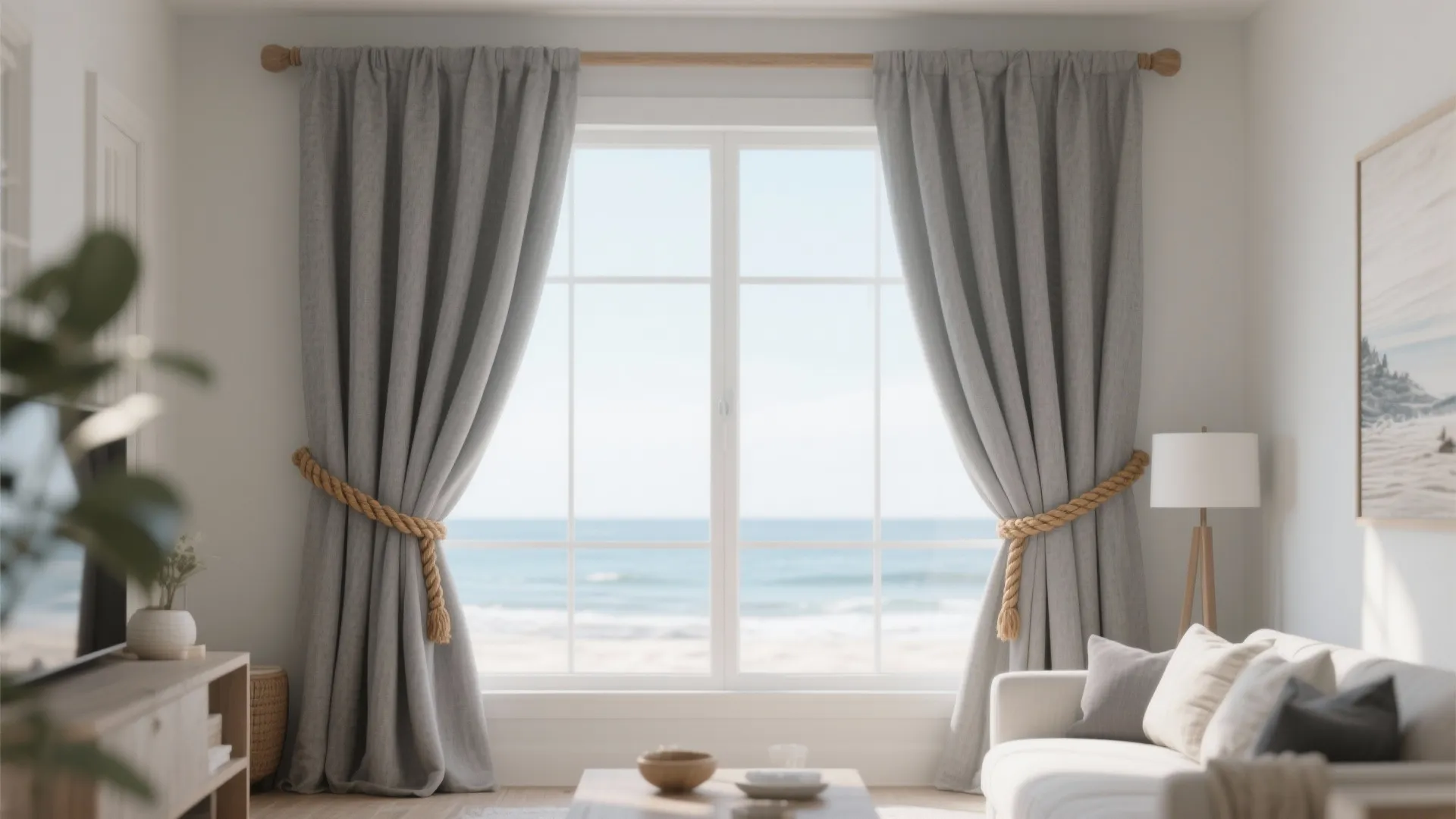 Grey linen curtains with tan rope tiebacks