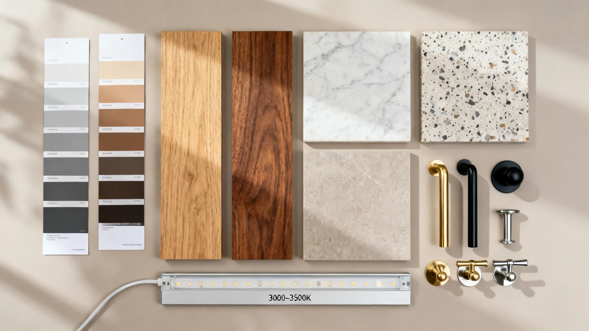 Color swatches wood pieces stone tiles metal handles and a light strip on design board