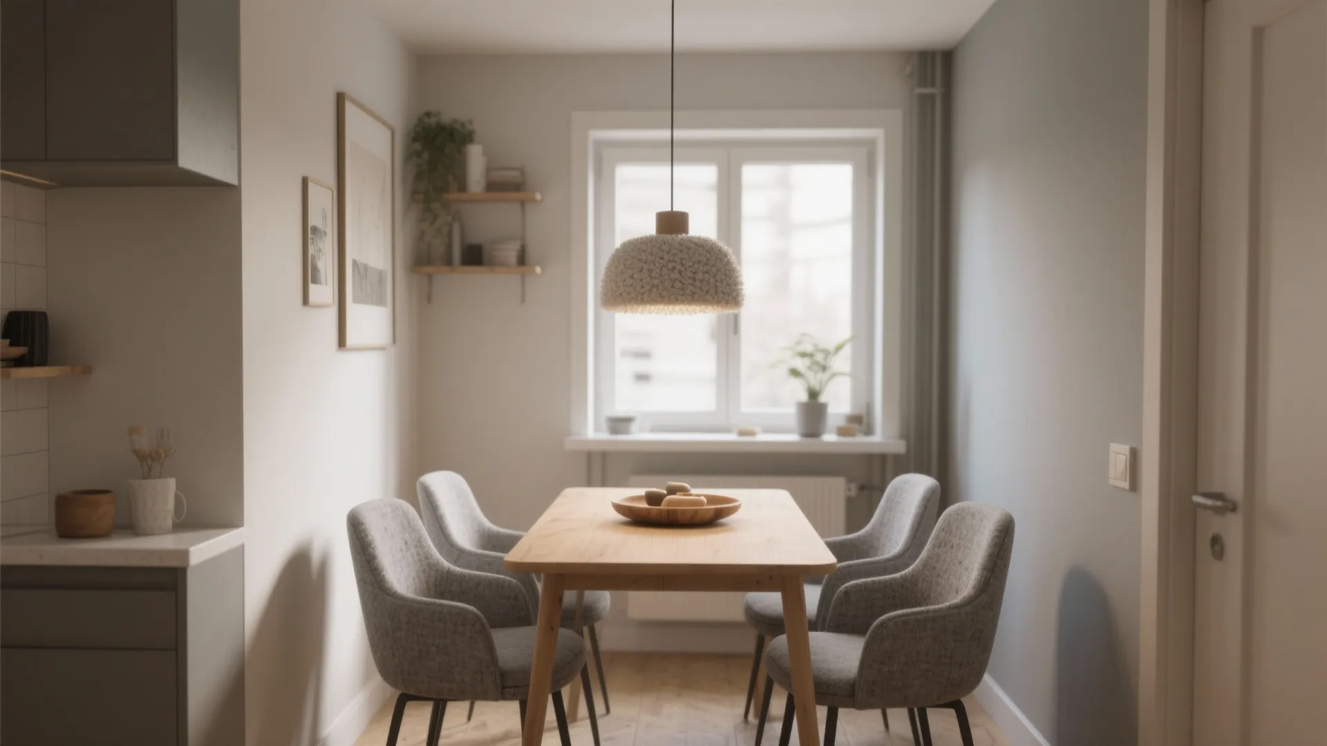 Rectangular wooden dining table with four grey chairs in small room under one ceiling light