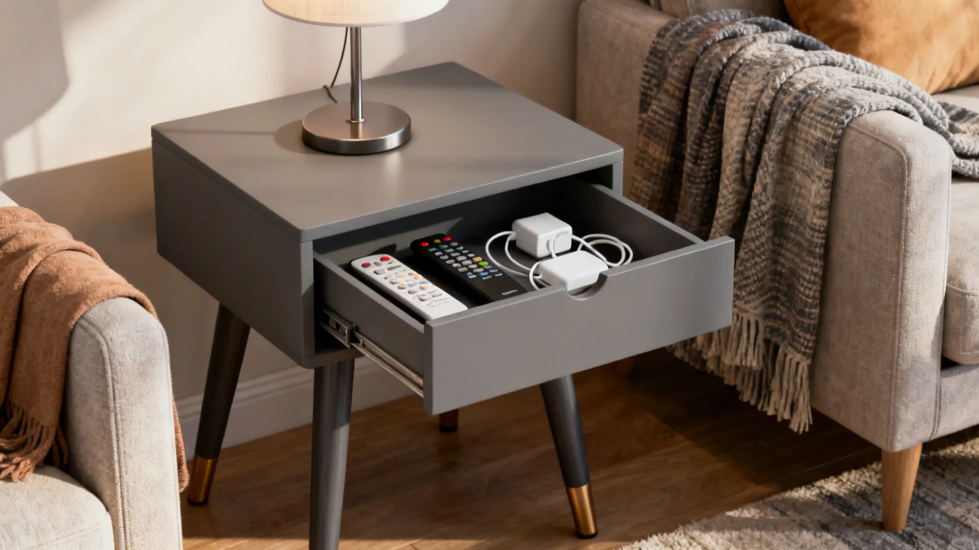 Grey end table with a shallow drawer open showing remotes and chargers.