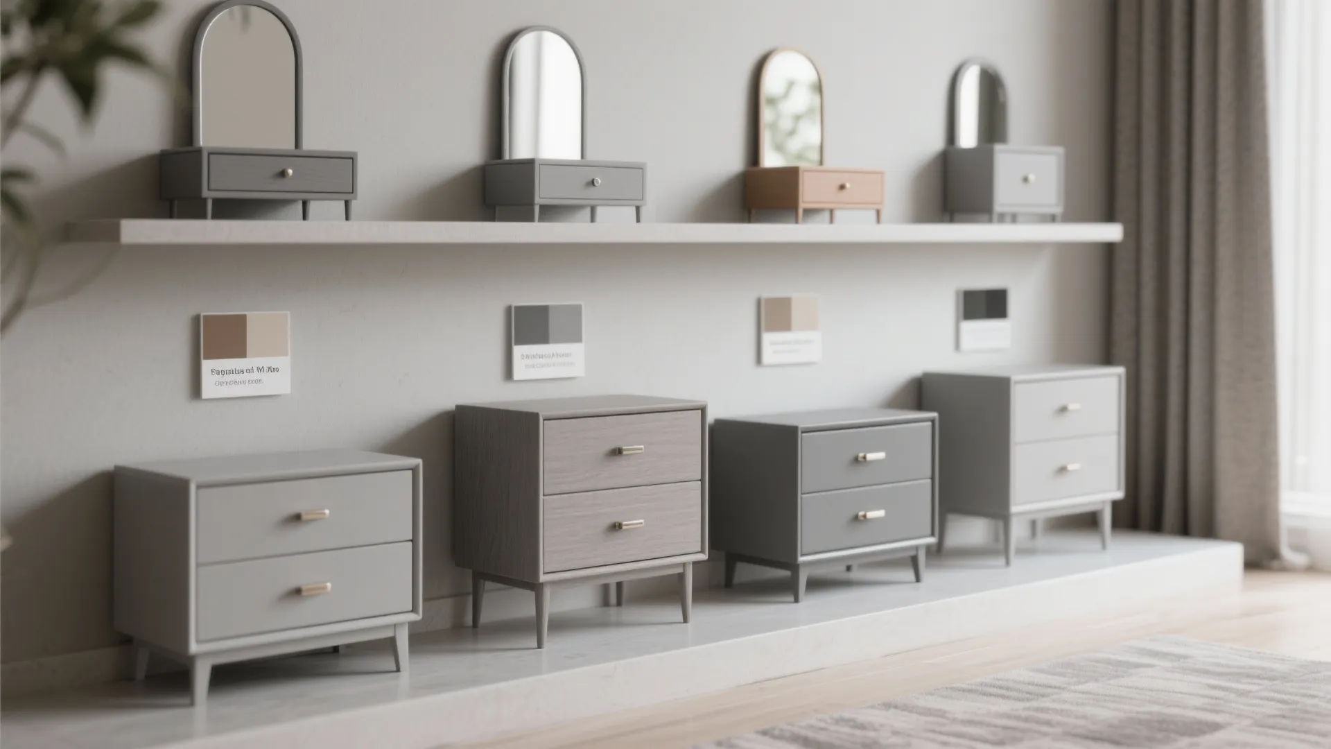 Vignette showing different grey dresser styles and swatches for comparison.