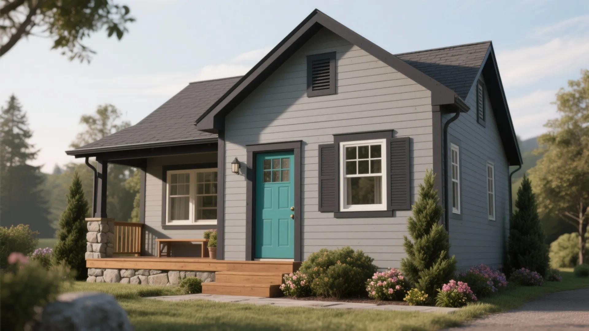 Small grey house with a blue front door wooden porch stone base and green garden