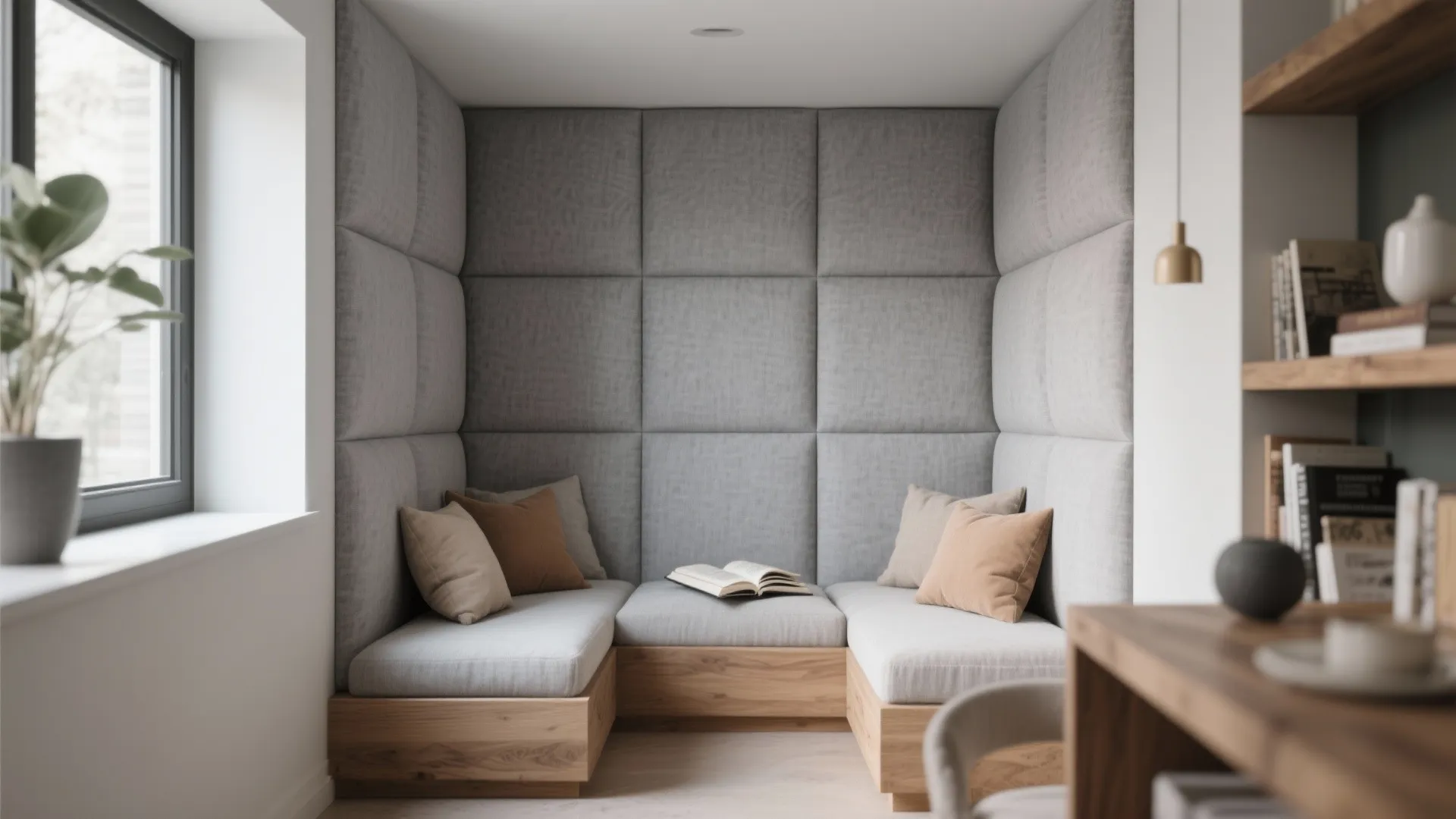 Cozy reading nook with grey wall panels wooden bench seating colorful pillows and a bright window