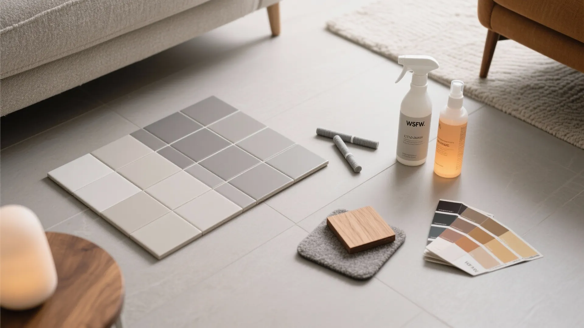 Tile samples, cleaning spray bottles, color swatches, and small wood block on a grey floor