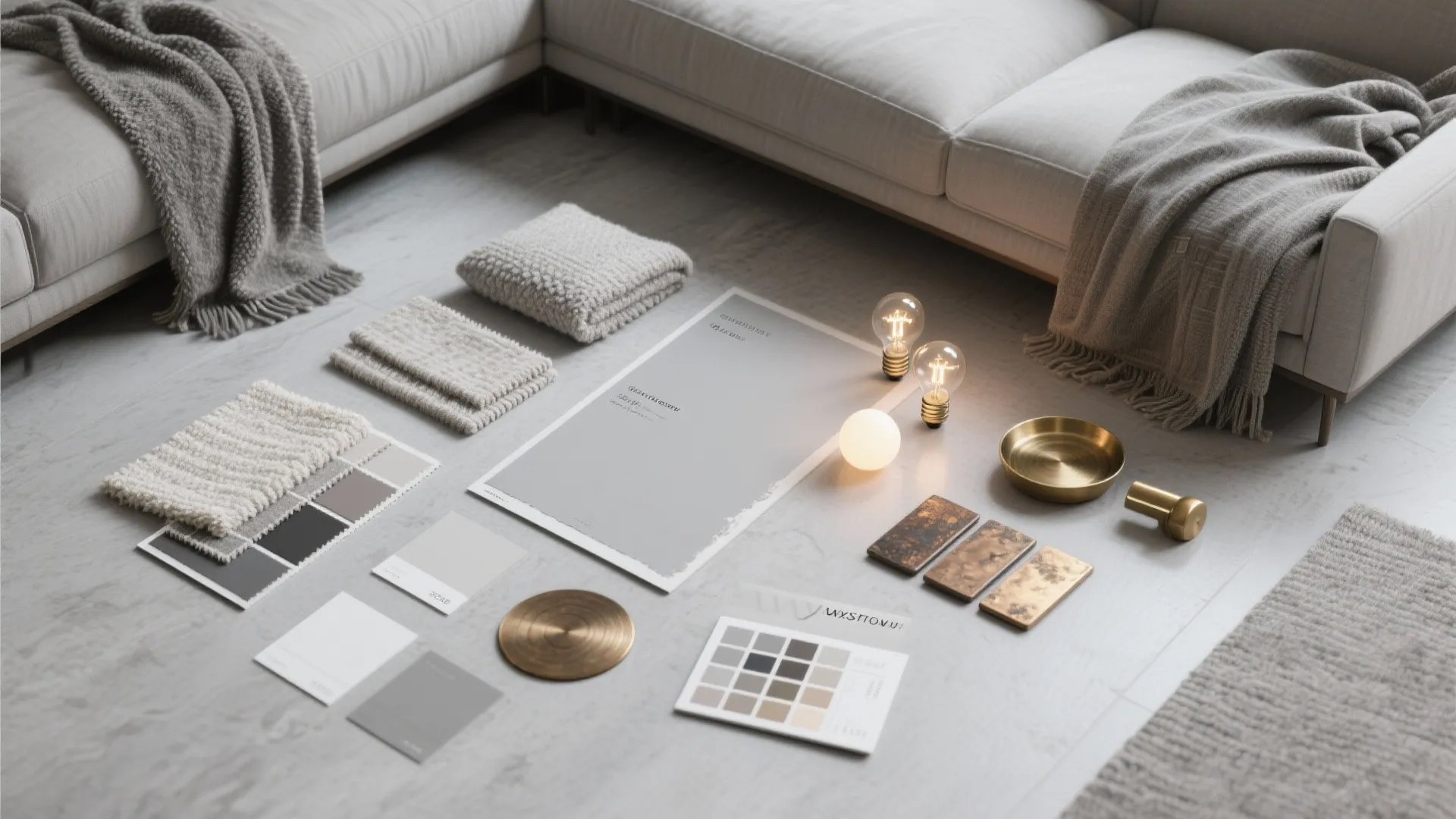 Interior design mood board on floor with fabric samples color swatches light bulbs and sofa