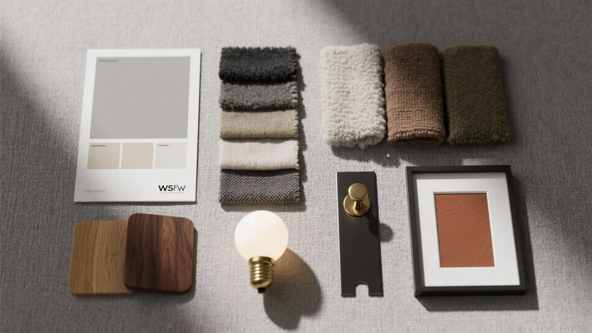 Interior design mood board with fabric samples wood swatches light bulb and a small picture frame
