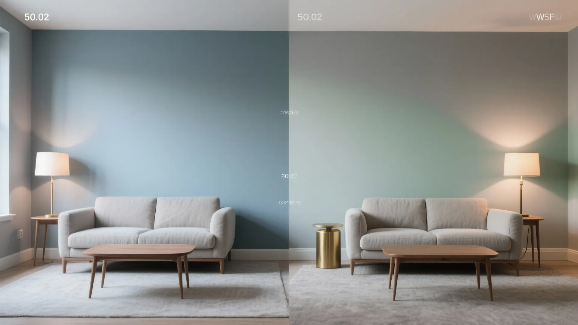 Side by side comparison of a living room with blue versus grey green wall colors