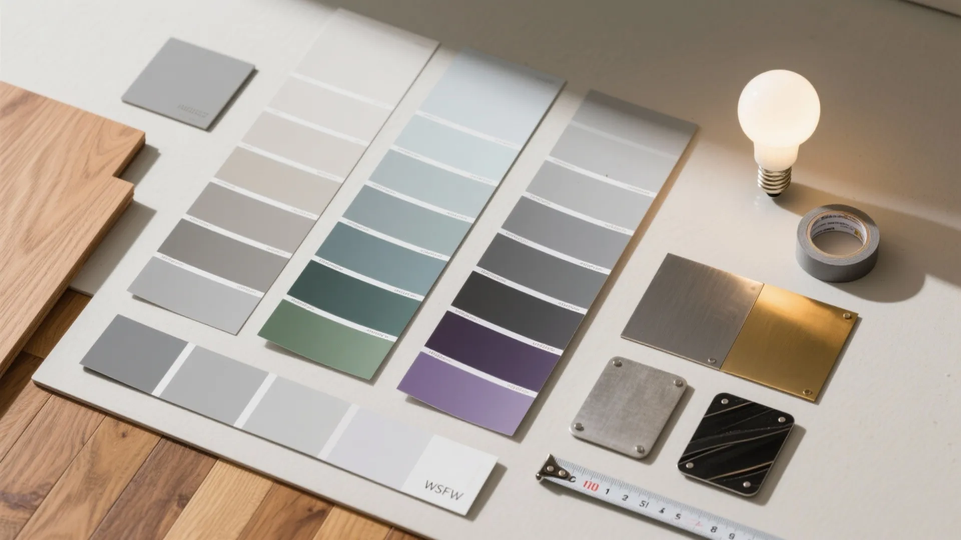 Top down view of paint color swatches wood floor samples metal plates and a light bulb