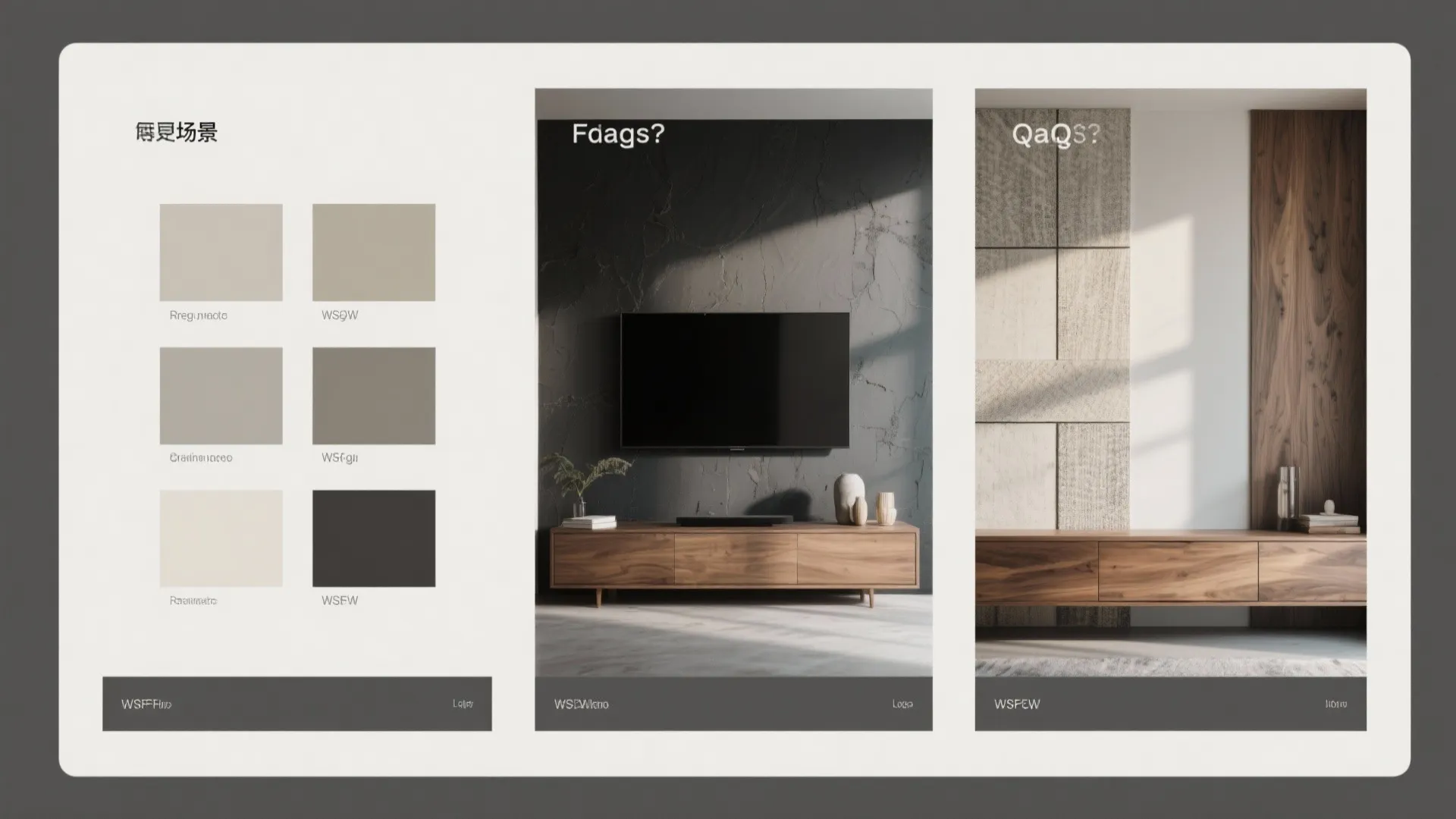 Color palette with grey swatches next to interior design renders of a modern living room