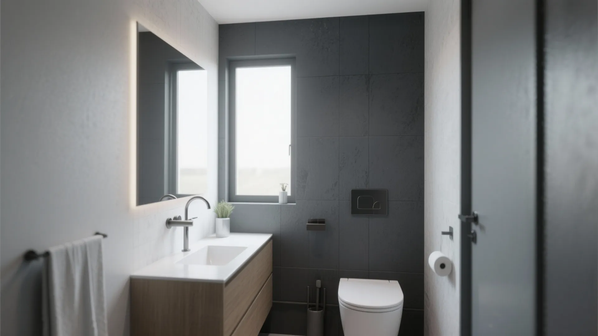 Modern bathroom with wood vanity white sink backlit mirror grey wall tiles toilet and window