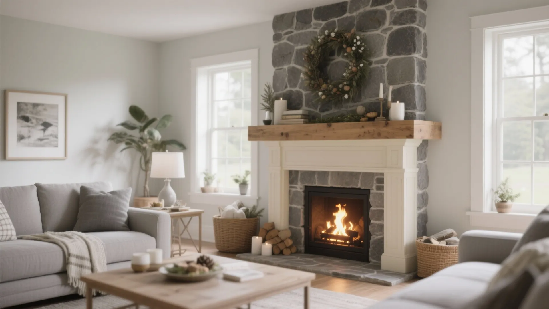 Grey fireplace surround with cream mantel in modern home