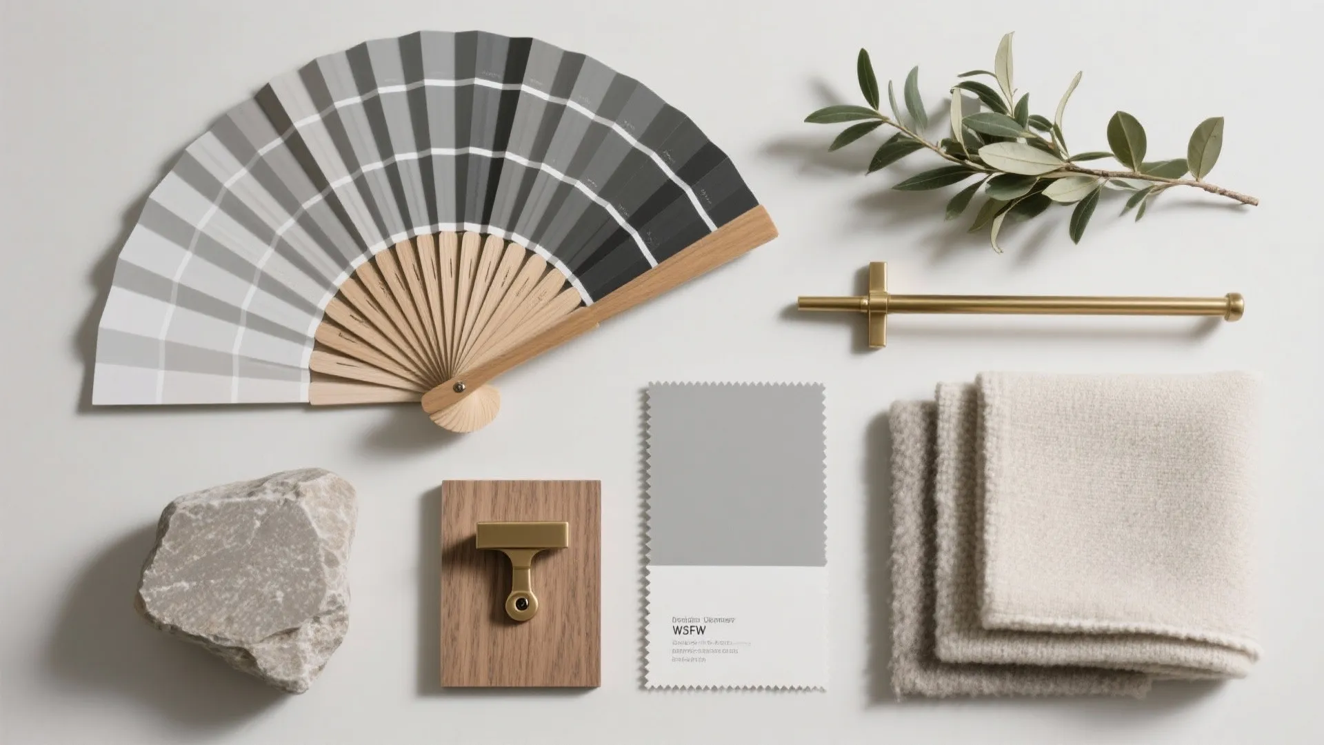 Interior design mood board with grey color swatches wood samples fabric and gold metal hardware accents