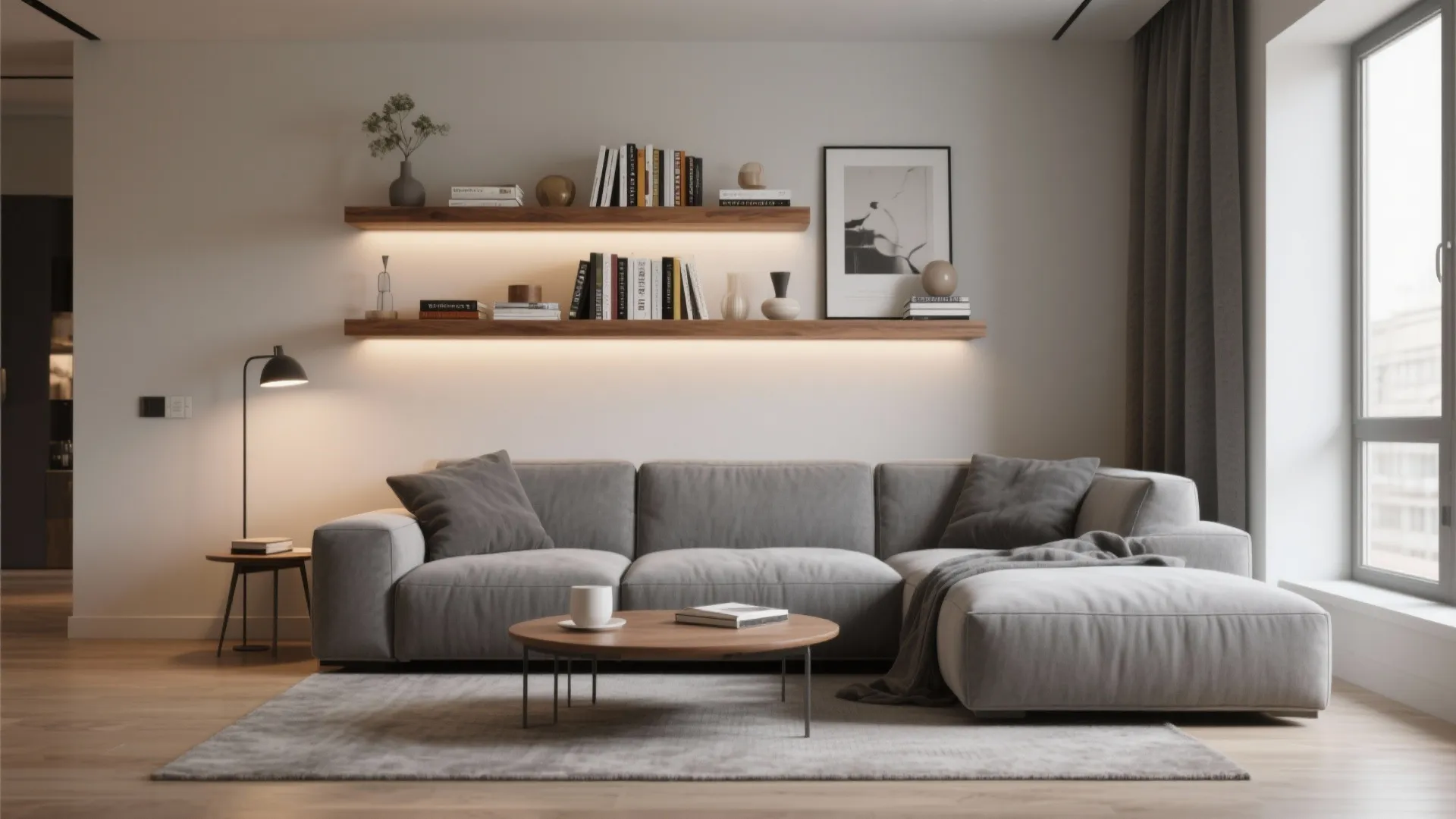Modern living room with grey sofa wooden coffee table floating wall shelves and warm lighting