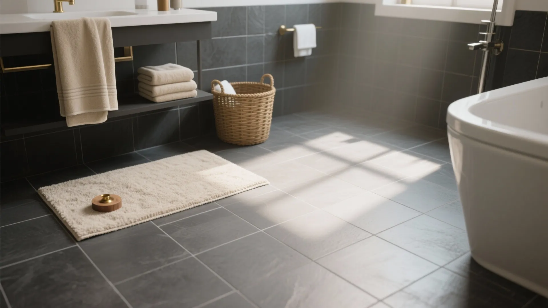 Bathroom interior featuring dark grey floor tiles beige towels a woven basket and white bathtub