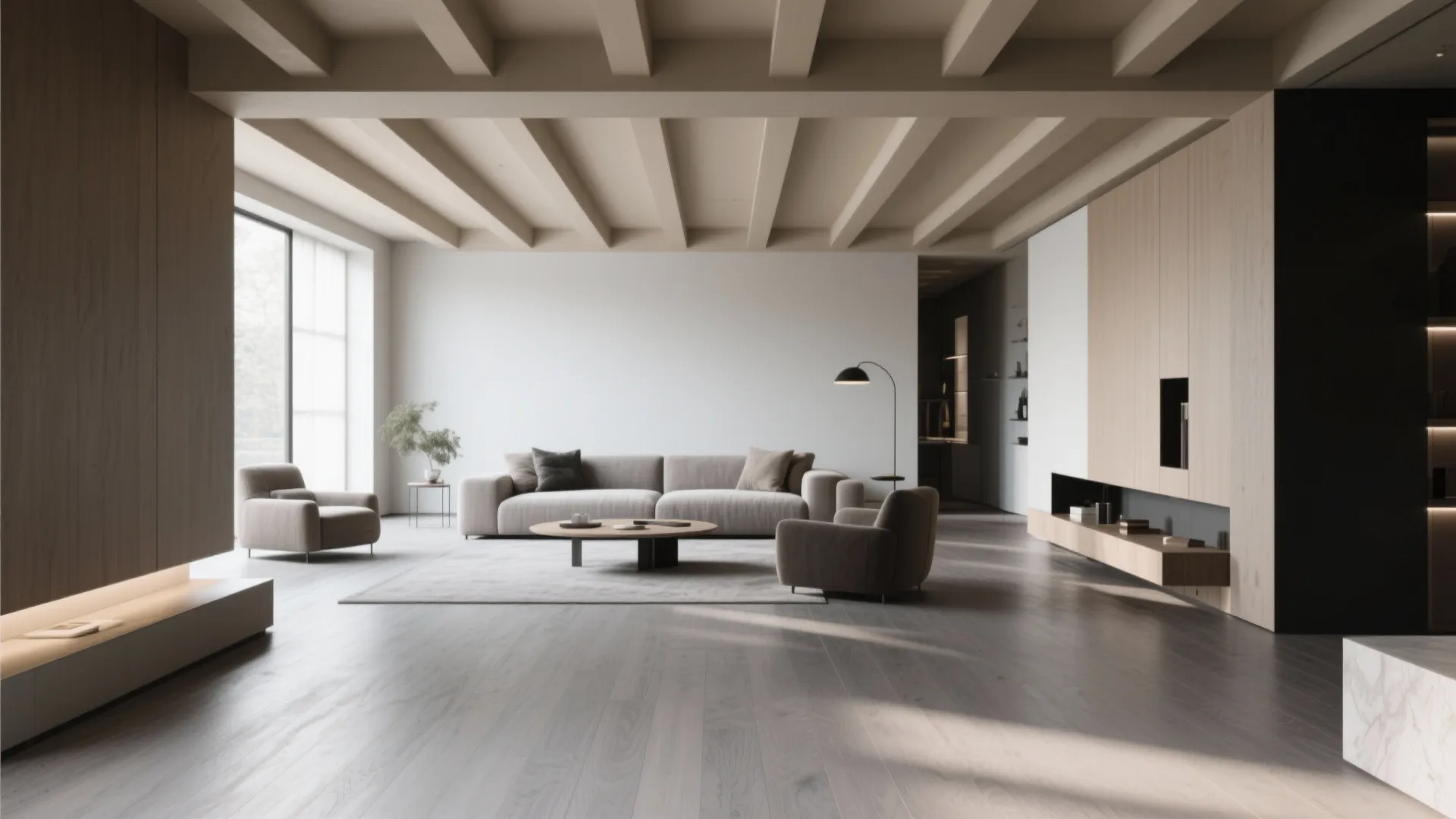 Minimalist living room with beige sofa wood ceiling beams grey floor and floor lamp lighting