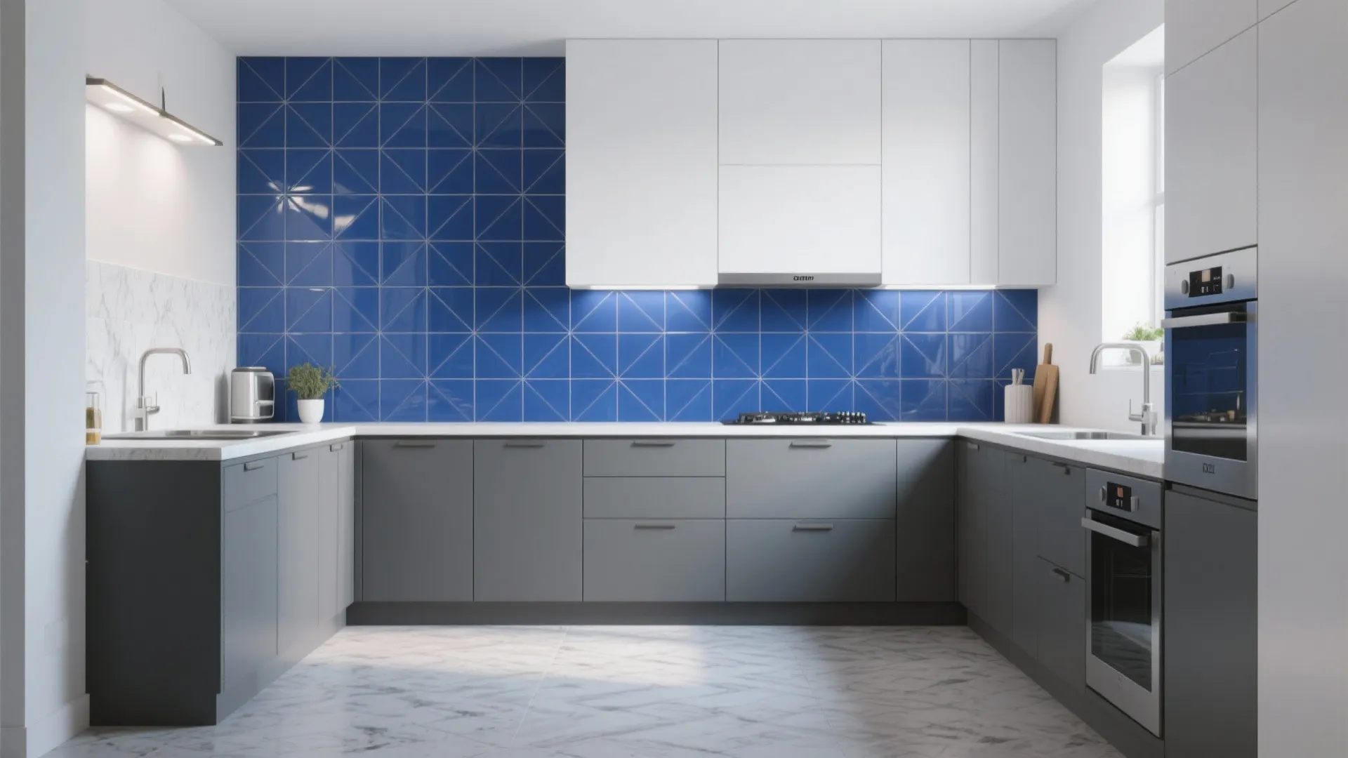 Modern kitchen featuring blue geometric wall tiles grey lower cabinets white upper cabinets and marble floor