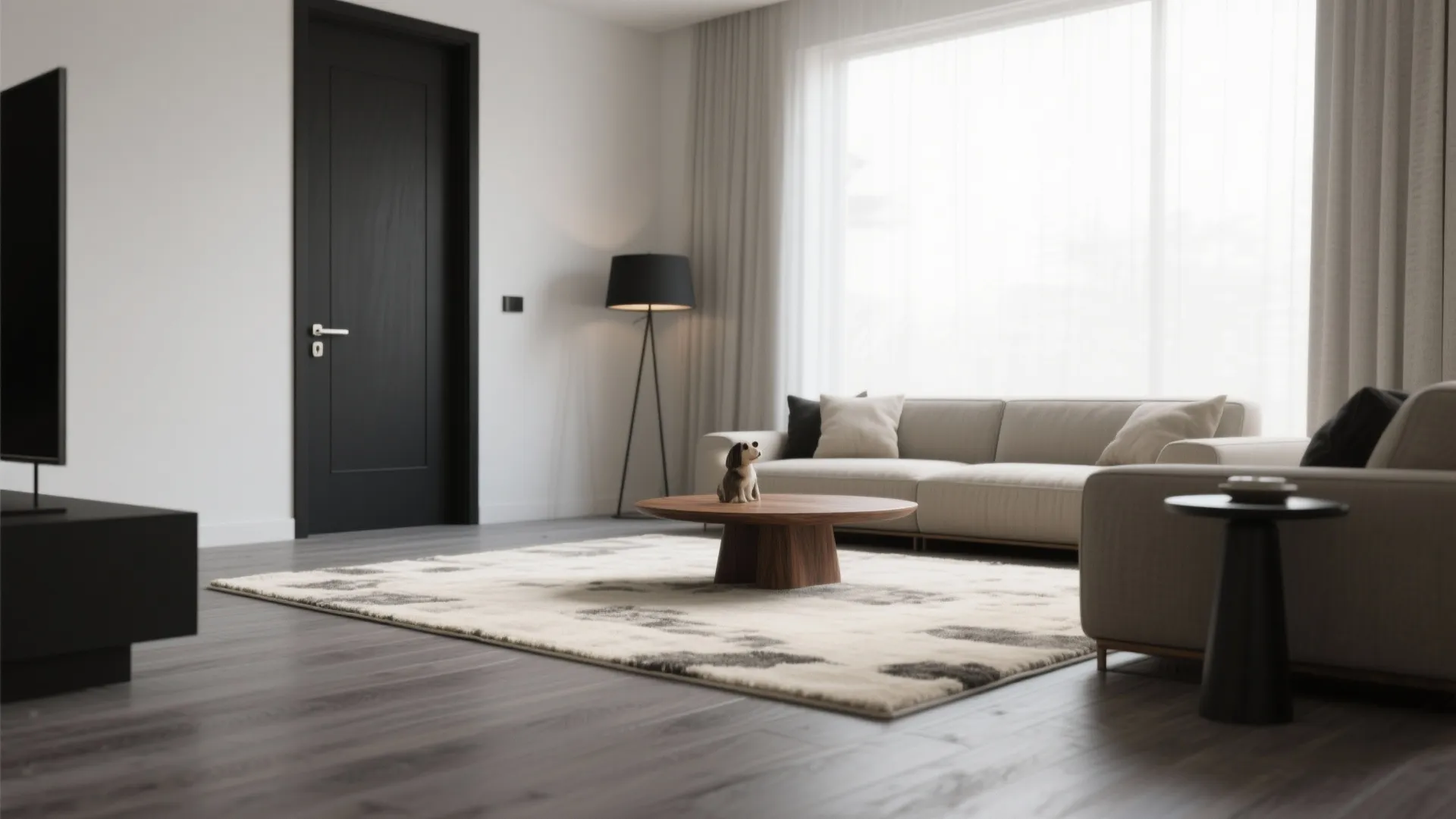 4. Grey Flooring, Cream Area Rug, Black Fixtures