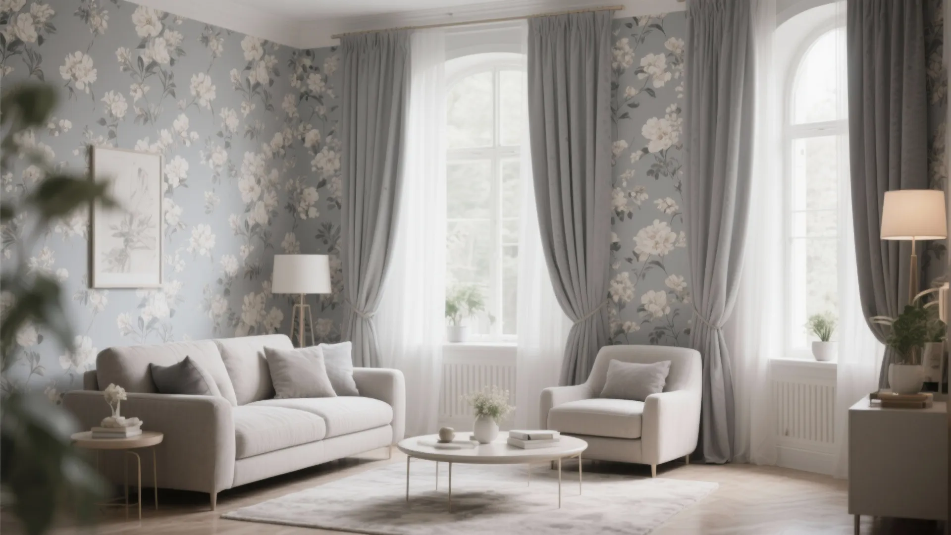 Living room featuring blue floral wallpaper grey curtains white sofa armchair and a white table