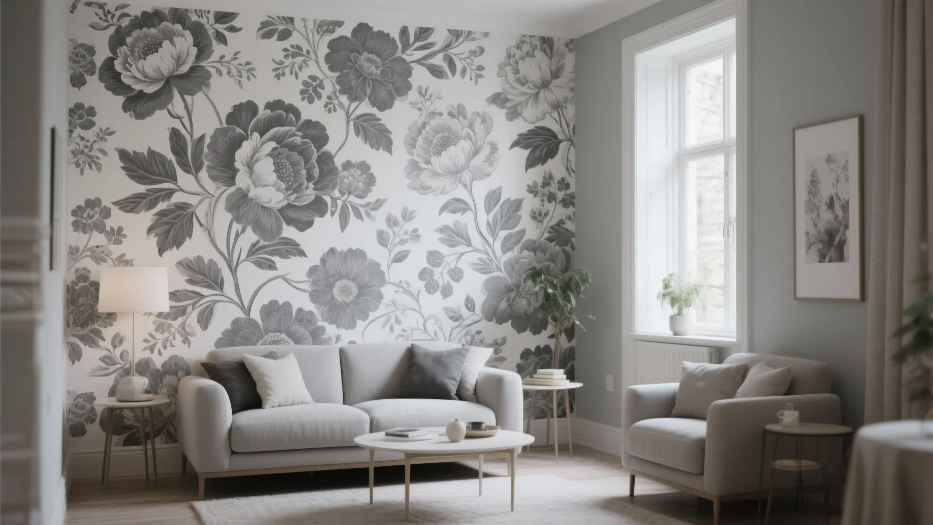 Living room with large floral wallpaper, grey sofa, armchair, white window, and round coffee table