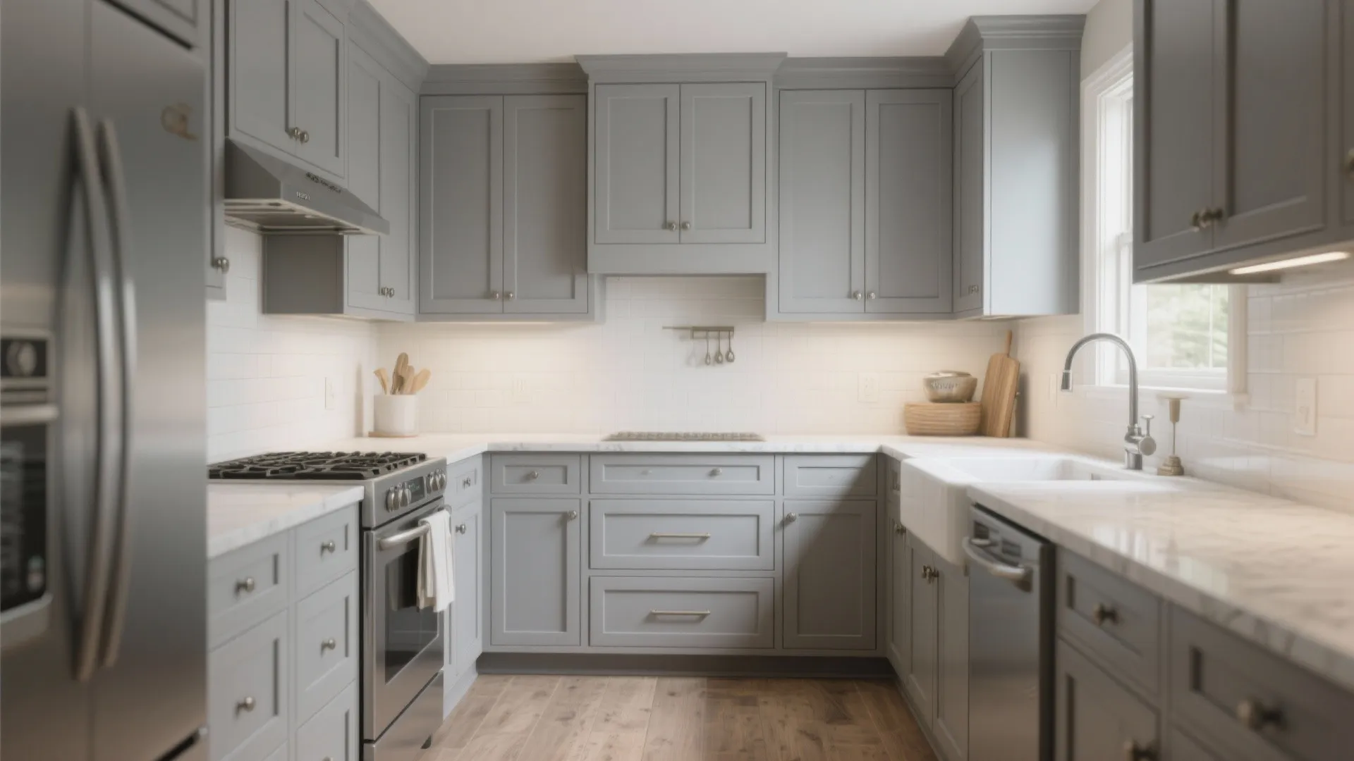 5. Grey framed cabinets for transitional style