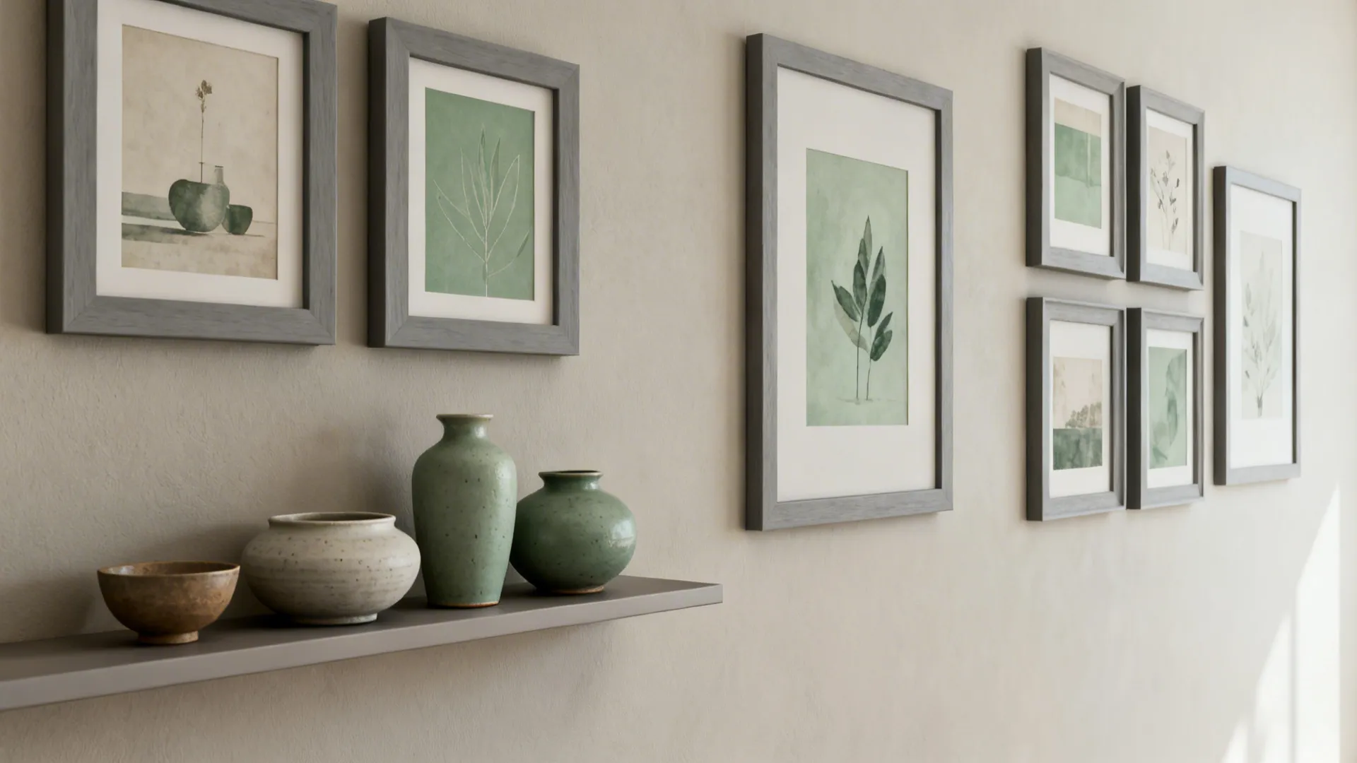 Neutral wall with minimalist grey frames and sage-toned artworks and ceramics.