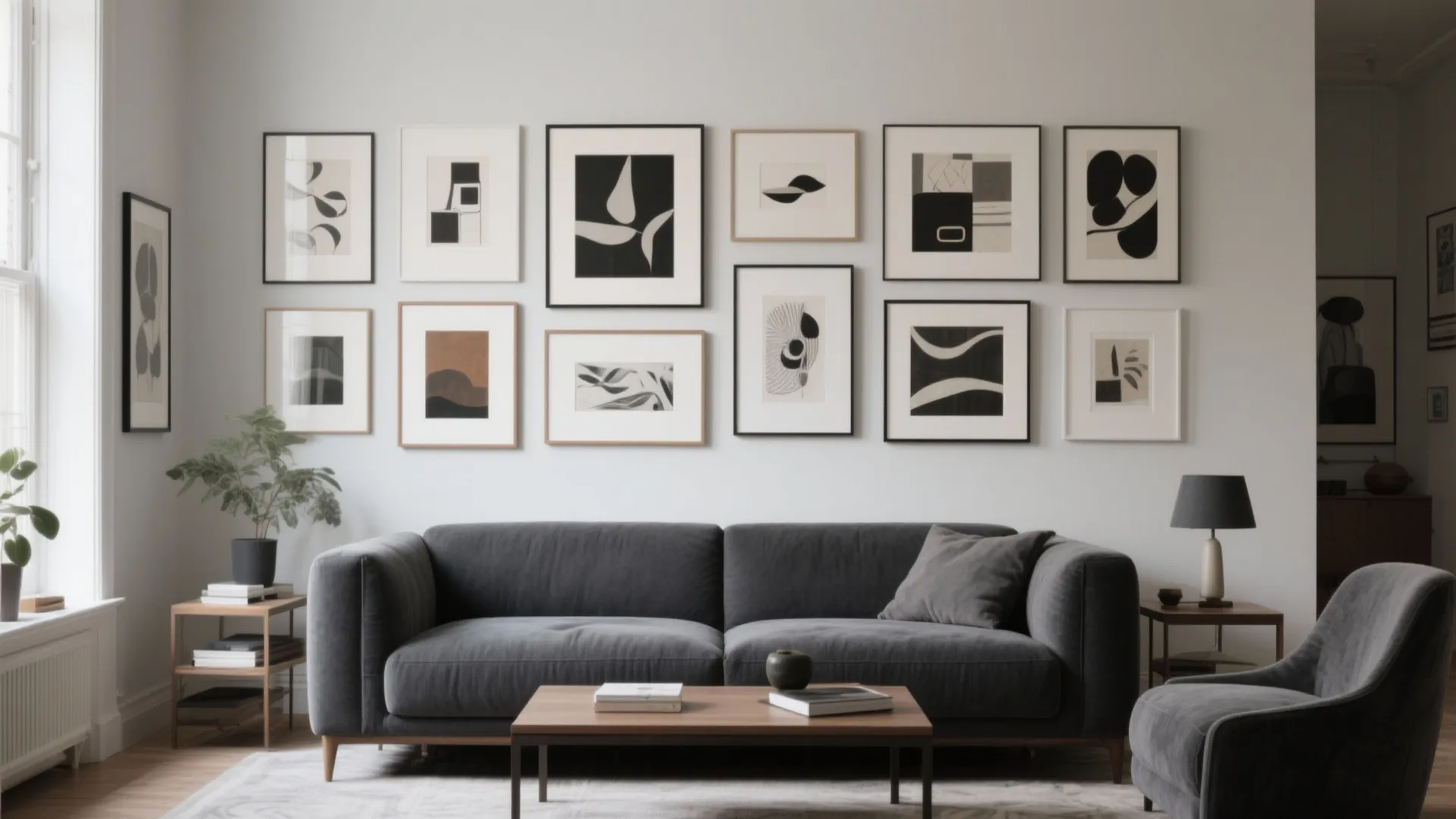 Charcoal grey loveseat with a curated gallery wall above