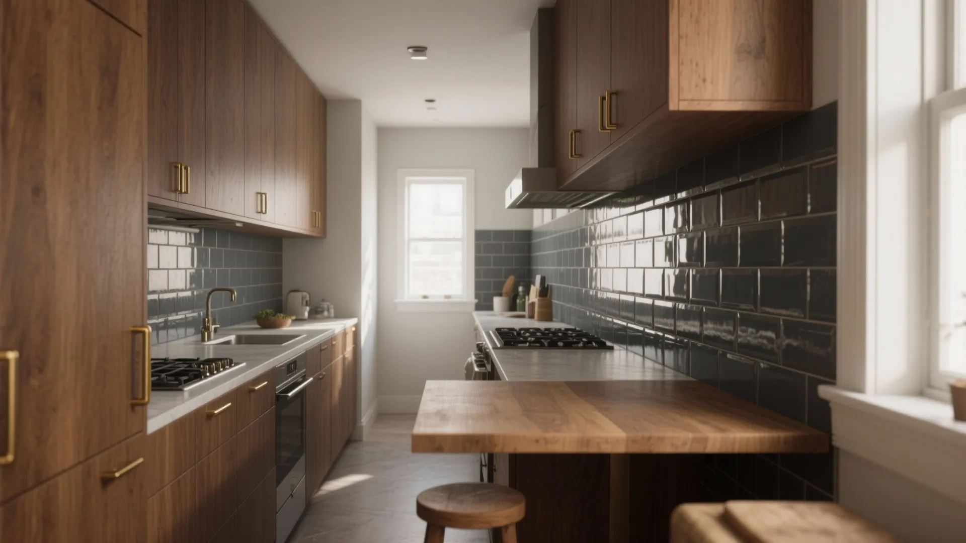 Narrow kitchen with wood cabinets dark wall tiles marble countertop and small wooden dining table