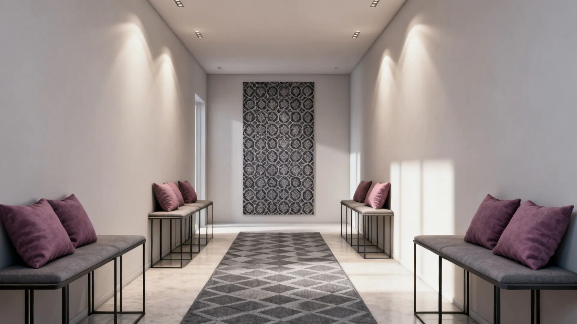 Narrow living room with grey geometric runner and mauve cushions, patterned wallpaper accent.
