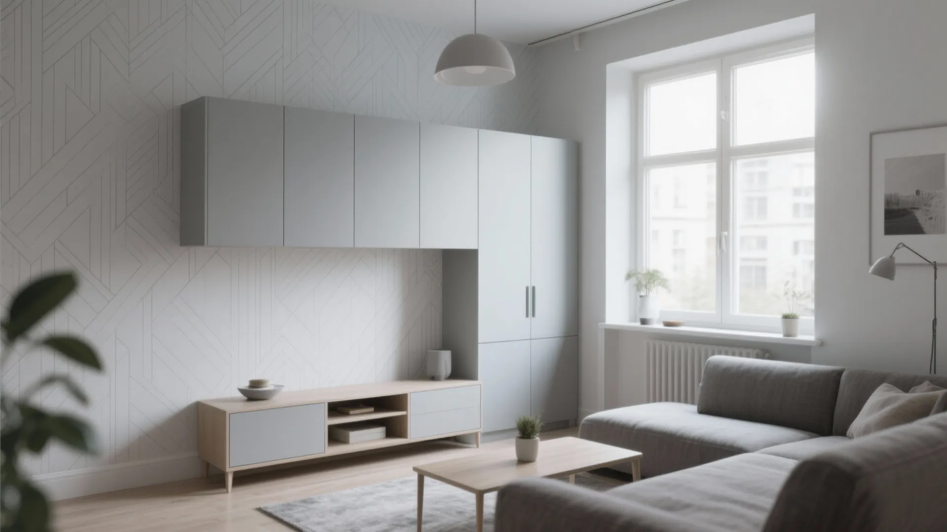 Minimalist living room with grey geometric wallpaper, white cabinets, wooden coffee table, and grey sofa