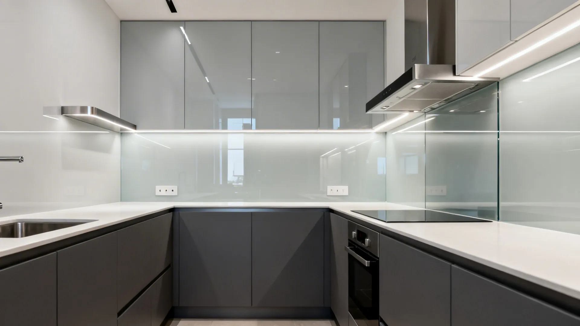 Pale grey glass backsplash with stainless accents adding depth to a compact galley kitchen.