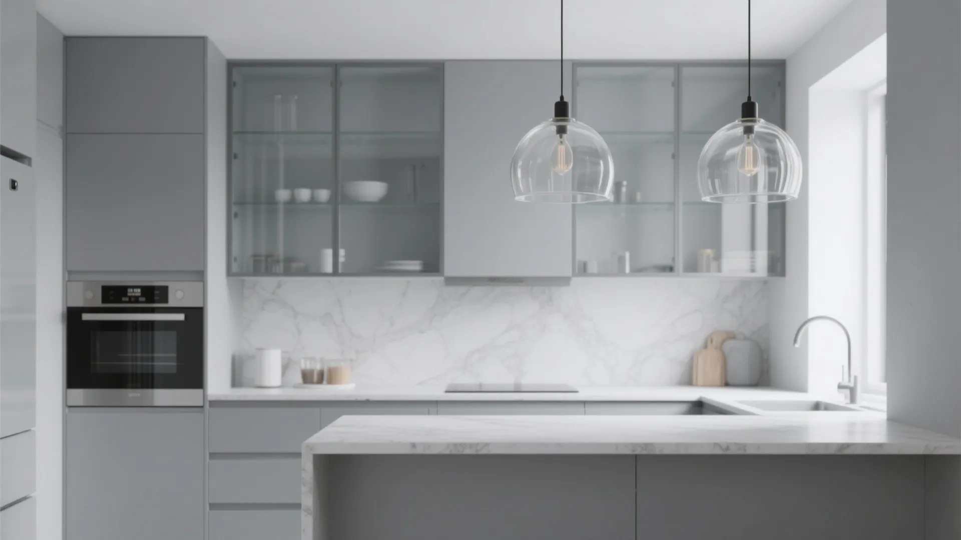 Modern grey kitchen with glass front cabinets white marble backsplash oven and two glass ceiling lights