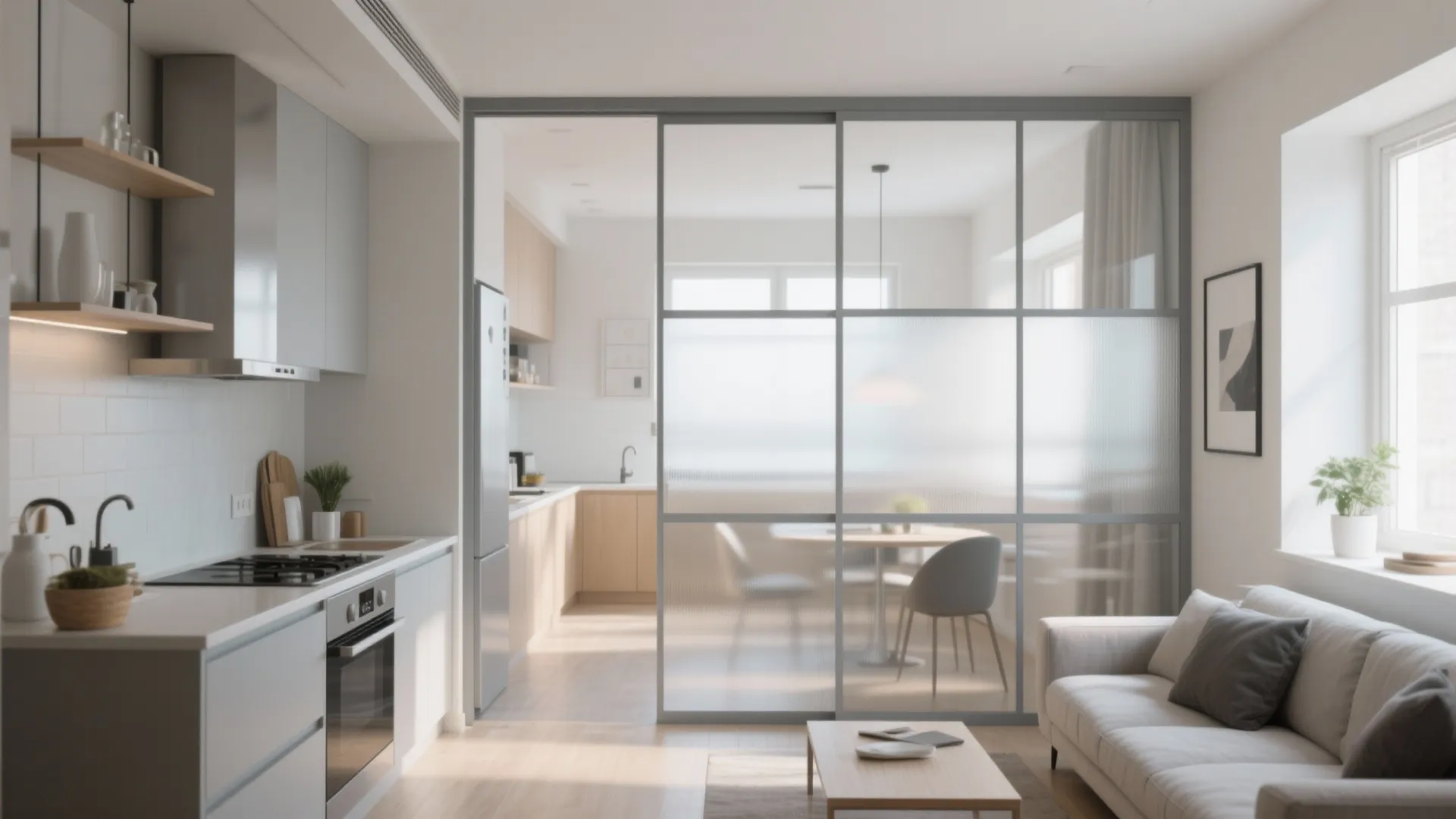 Modern kitchen and living room separated by a grey metal frame glass sliding wall partition