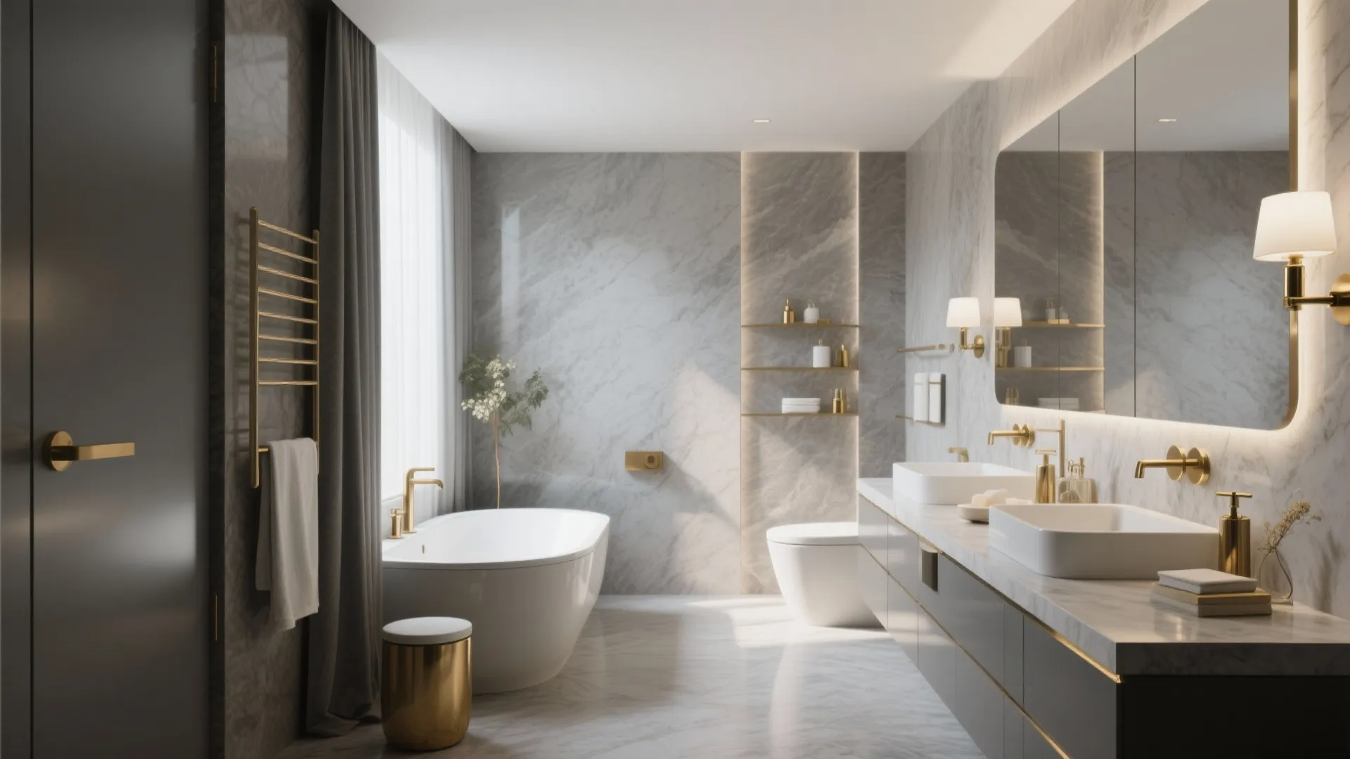 Luxurious marble bathroom including white bathtub, double vanity with gold faucets, mirror, and soft light