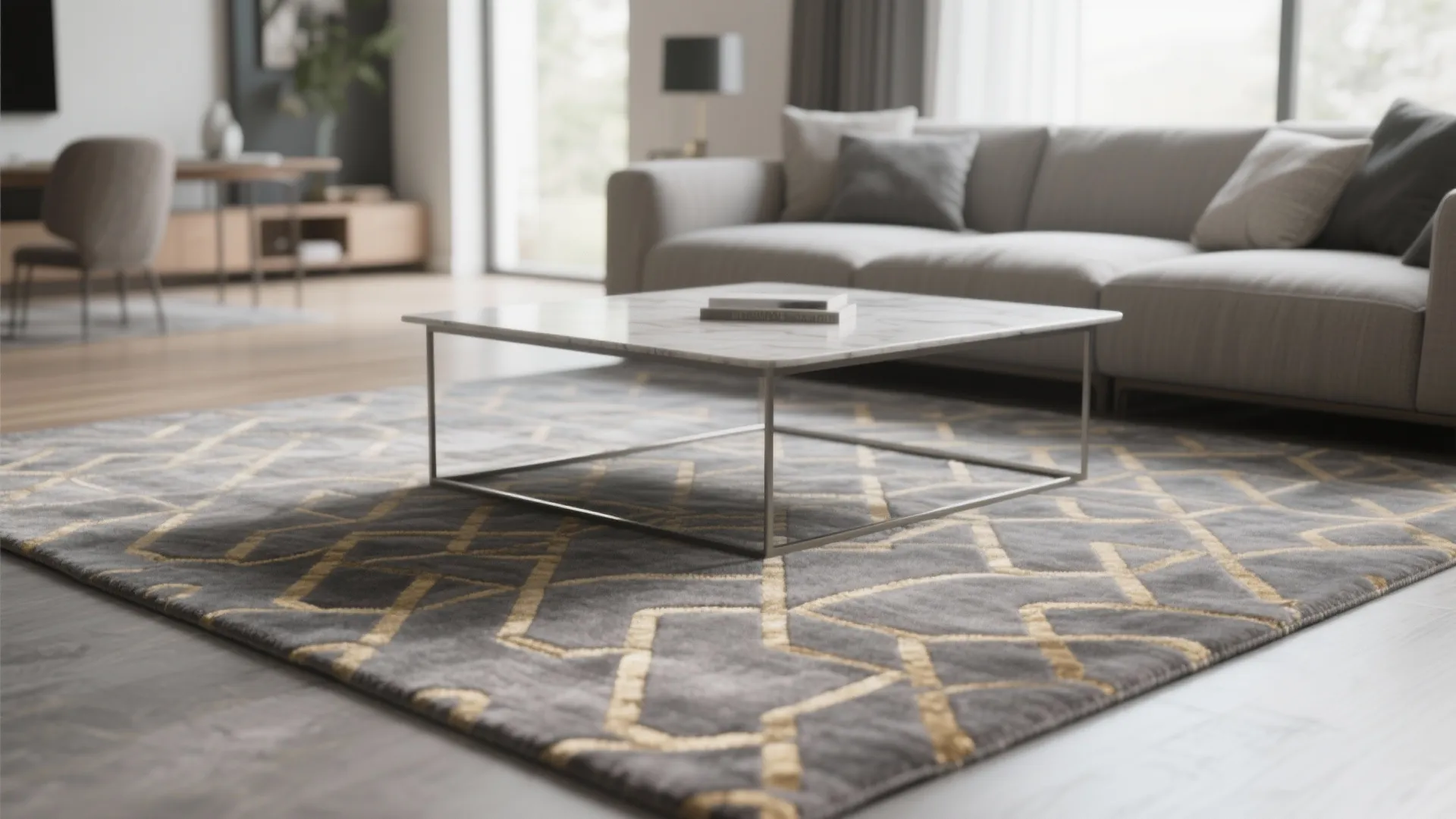 Modern living room with grey and gold patterned rug under a table