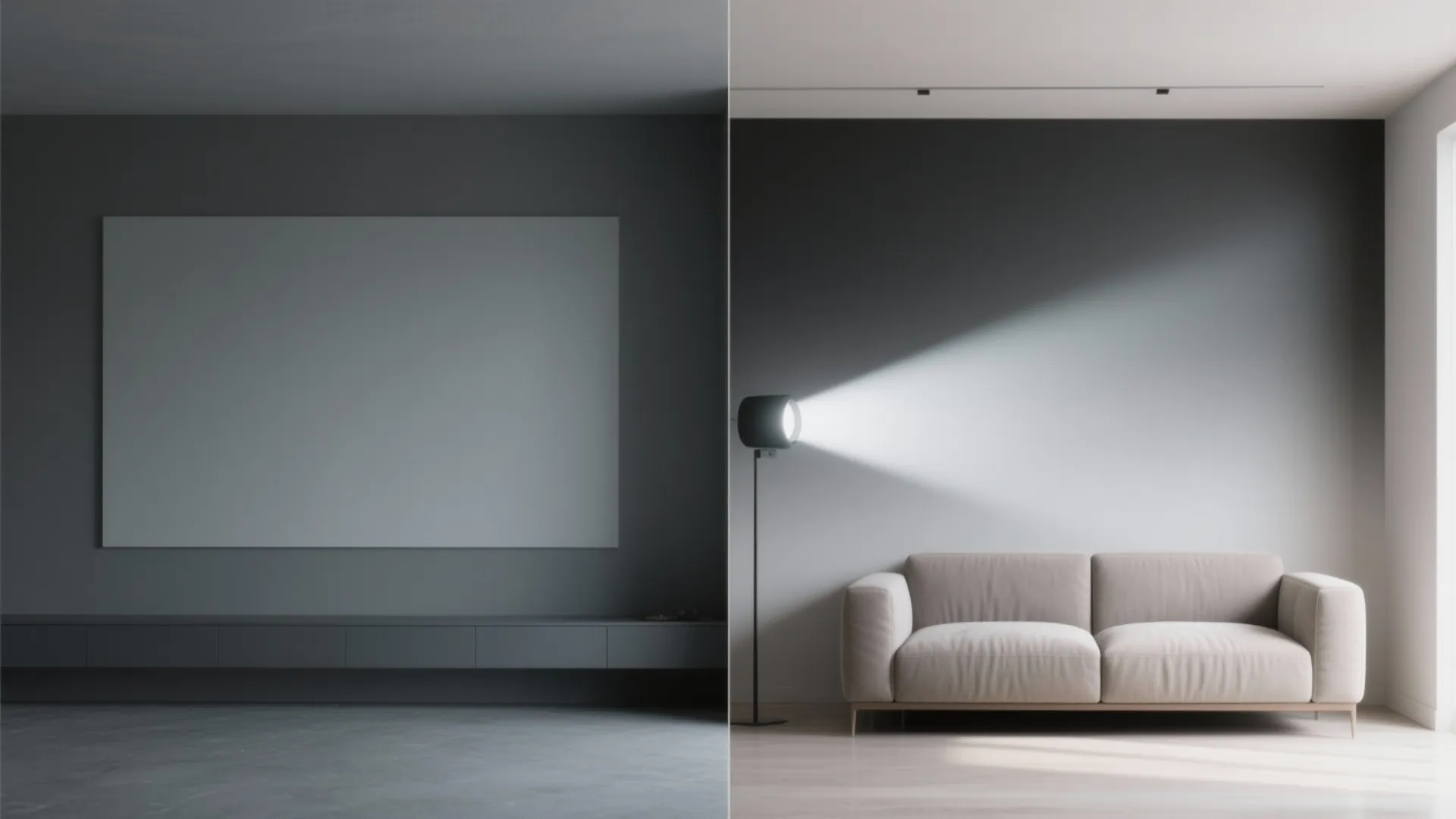 Comparison showing a dark room with movie screen versus a bright room with sofa and projector