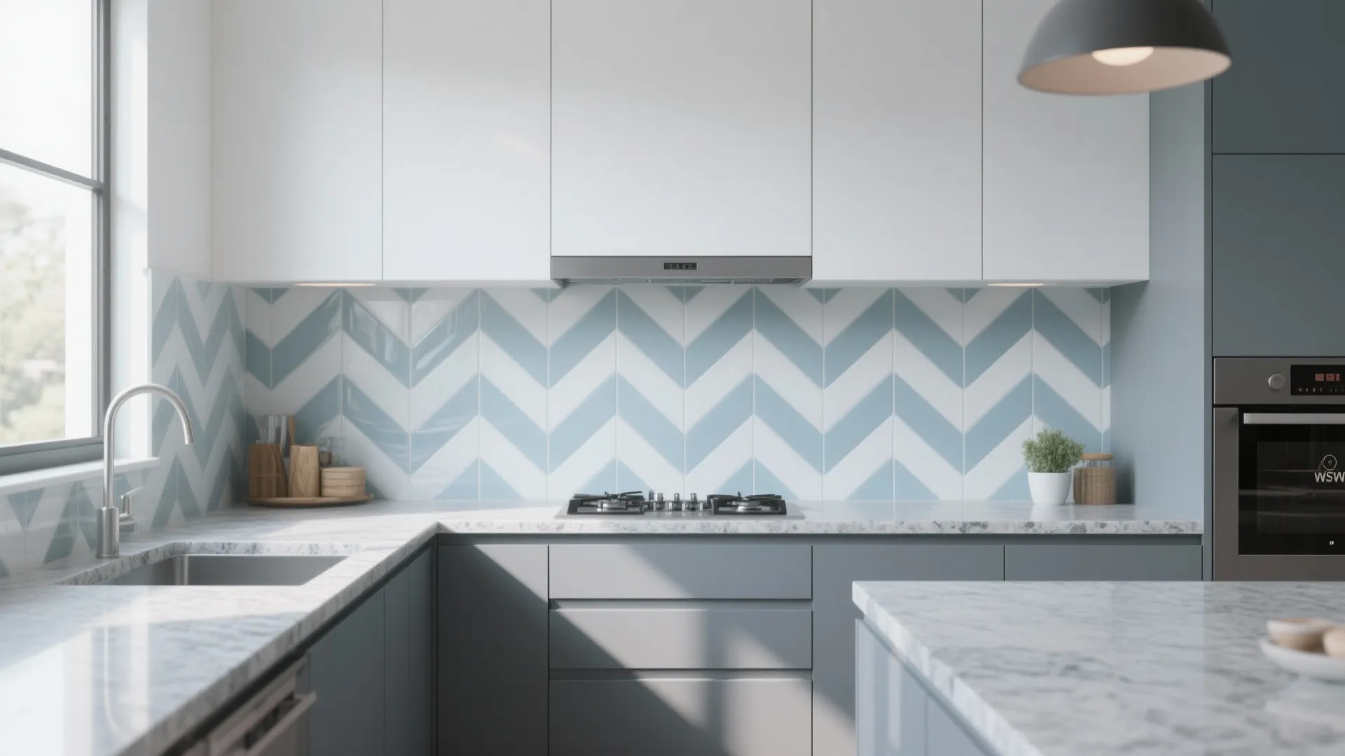 Modern kitchen with blue and white chevron wall tiles marble countertop white cabinets and gas stove