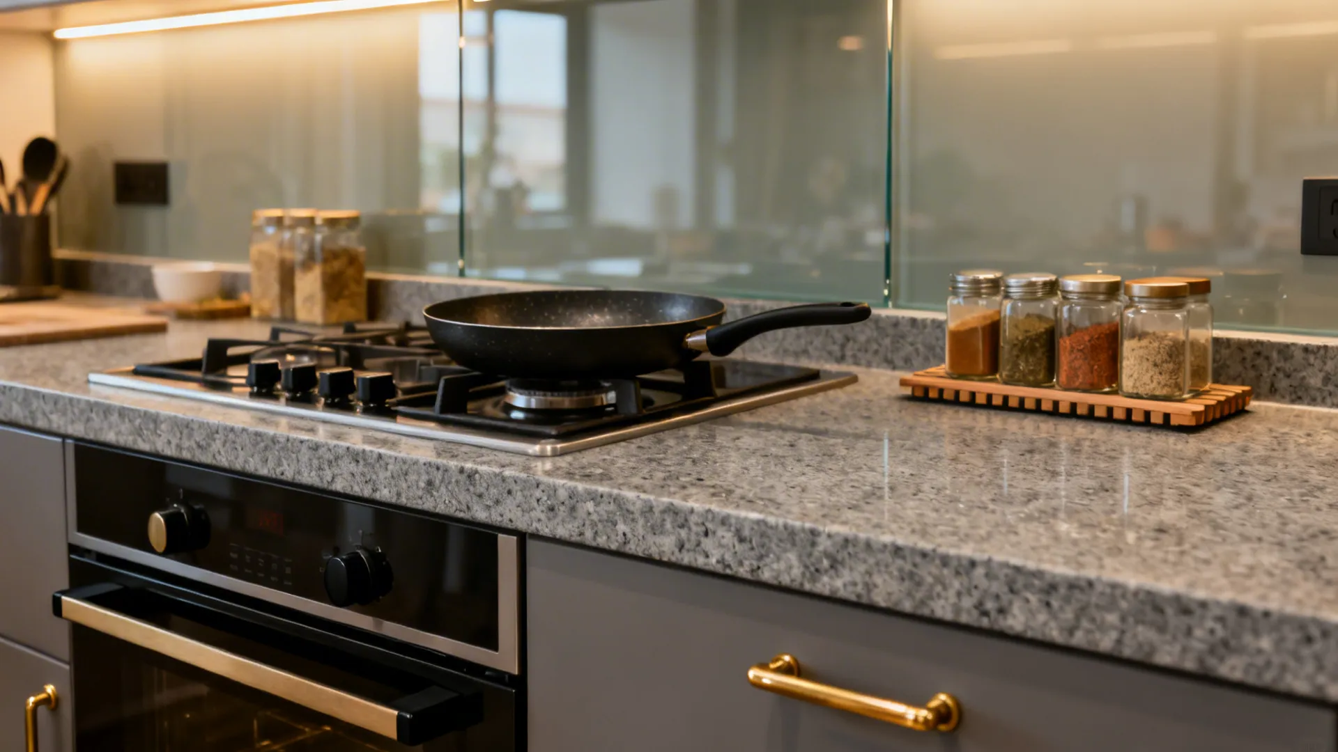 Mid-grey honed granite countertop with warm LED lighting and brass or black hardware in an Indian kitchen.