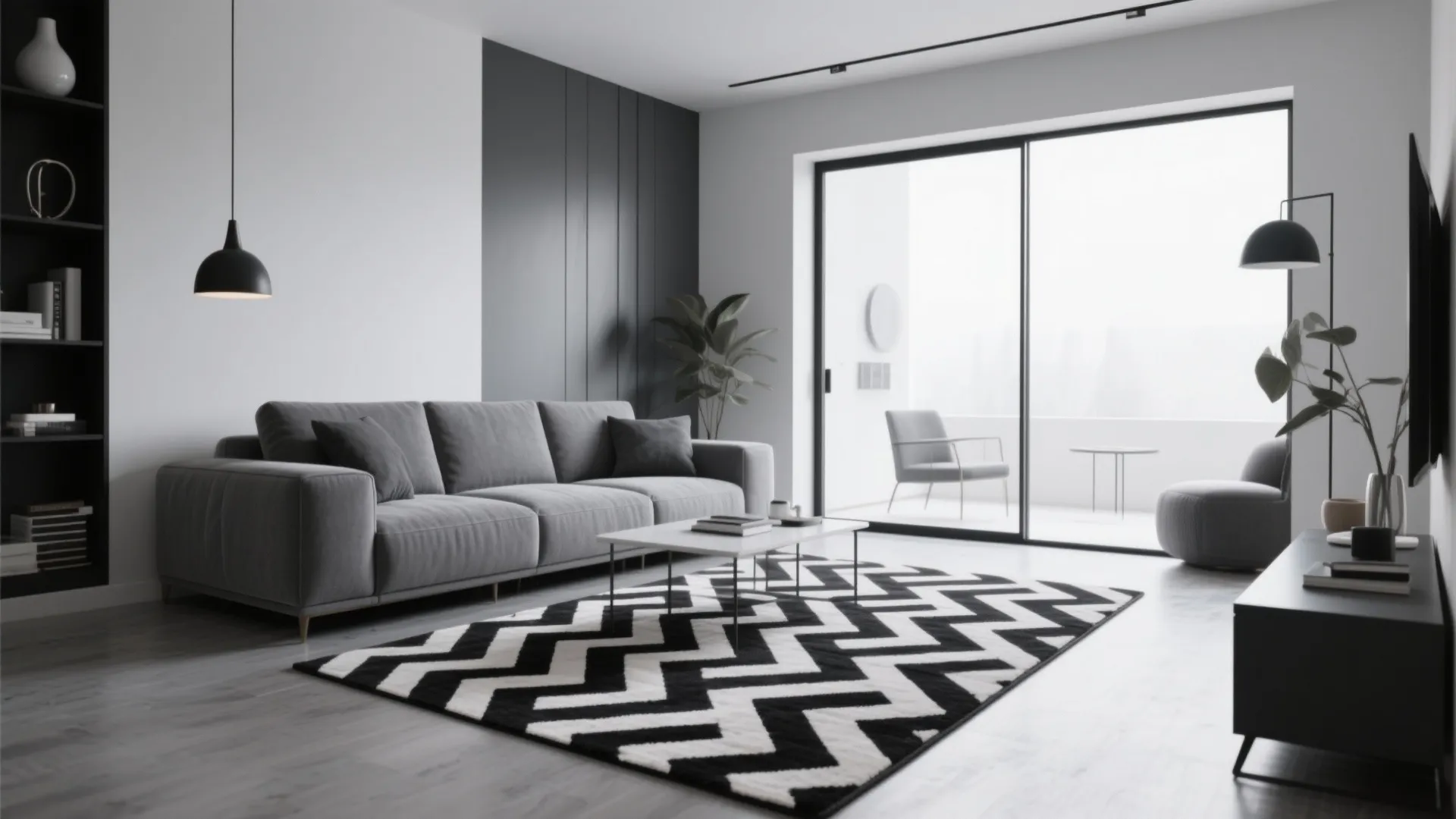 Modern grey living room with a bold monochrome graphic rug