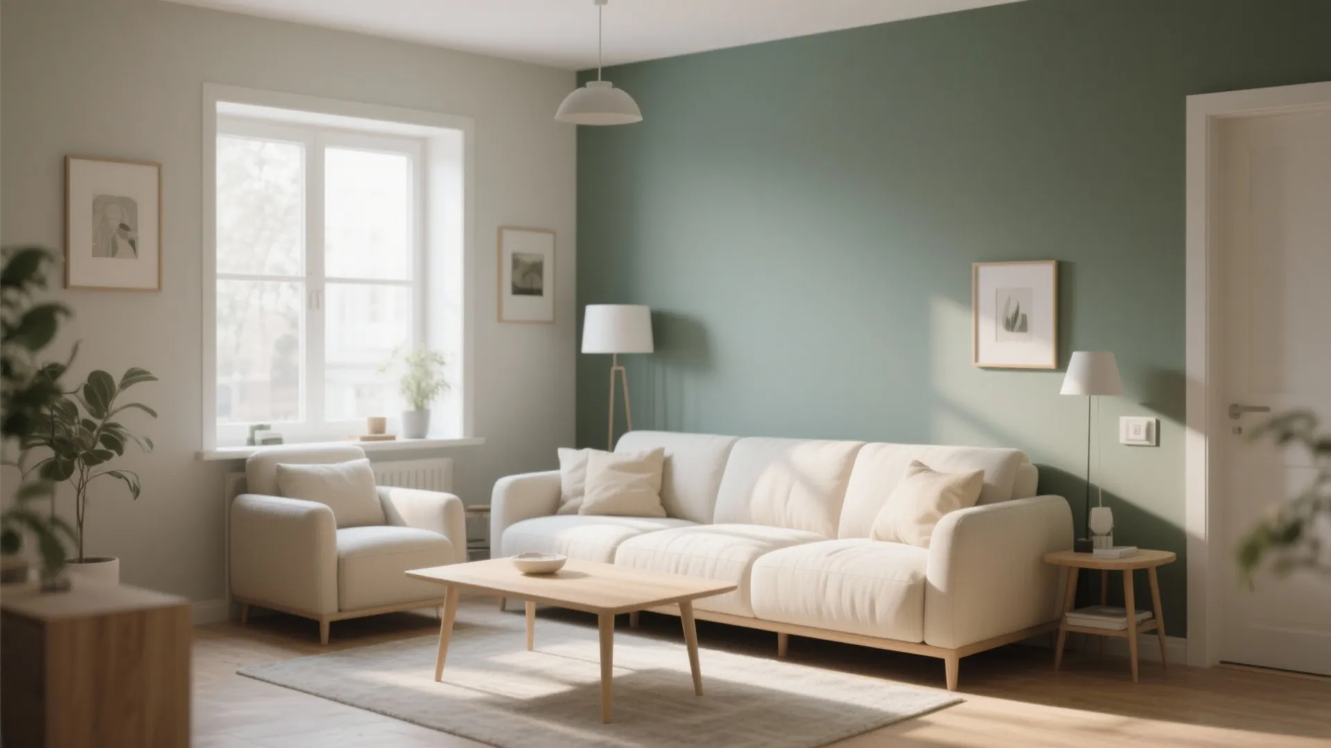 Modern living room with a grey green accent wall cream sofa wood table and natural light